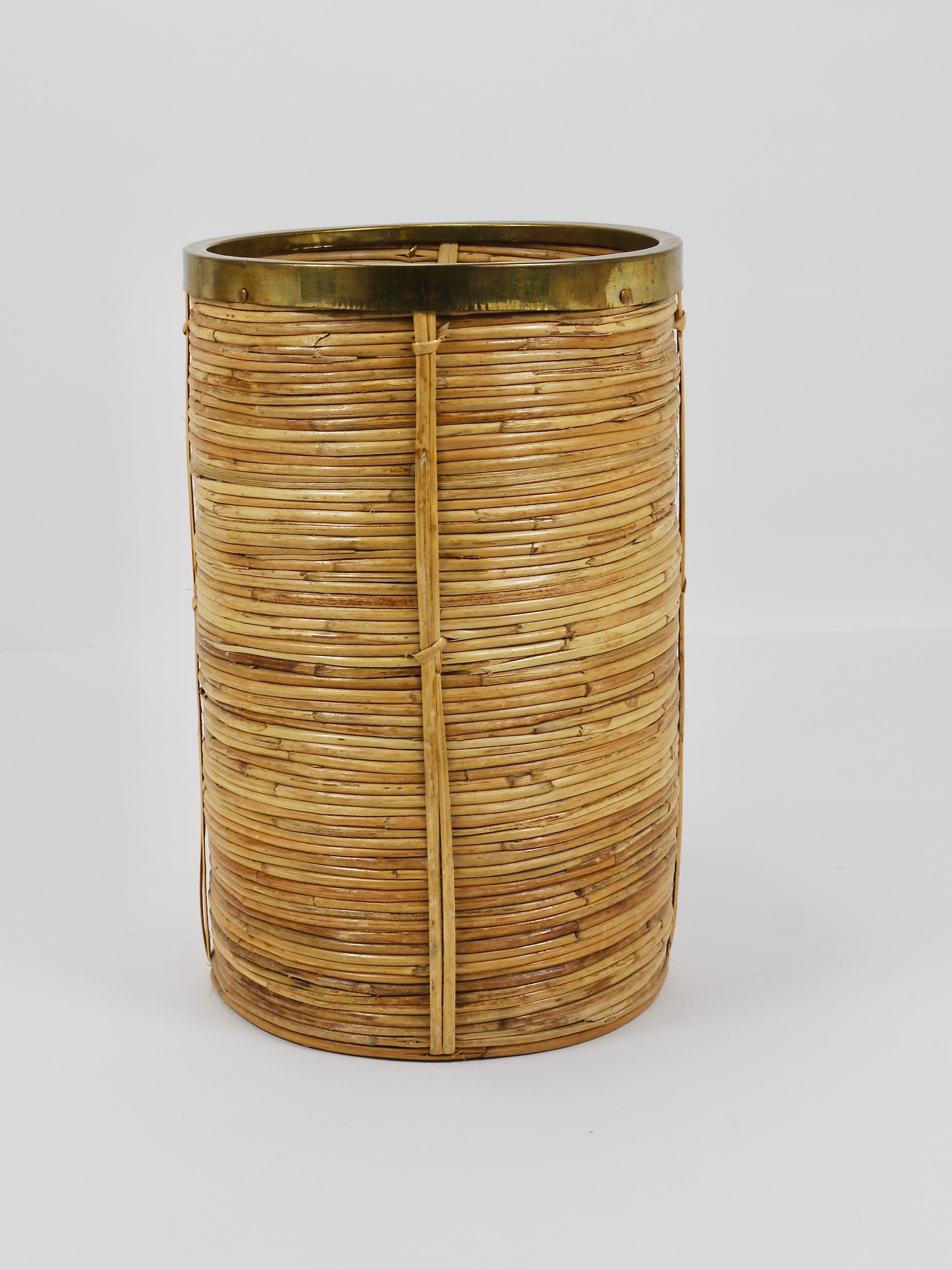20th Century Riviera Style Bamboo & Brass Paper Basket Umbrella Stand, Italy, 1970s For Sale
