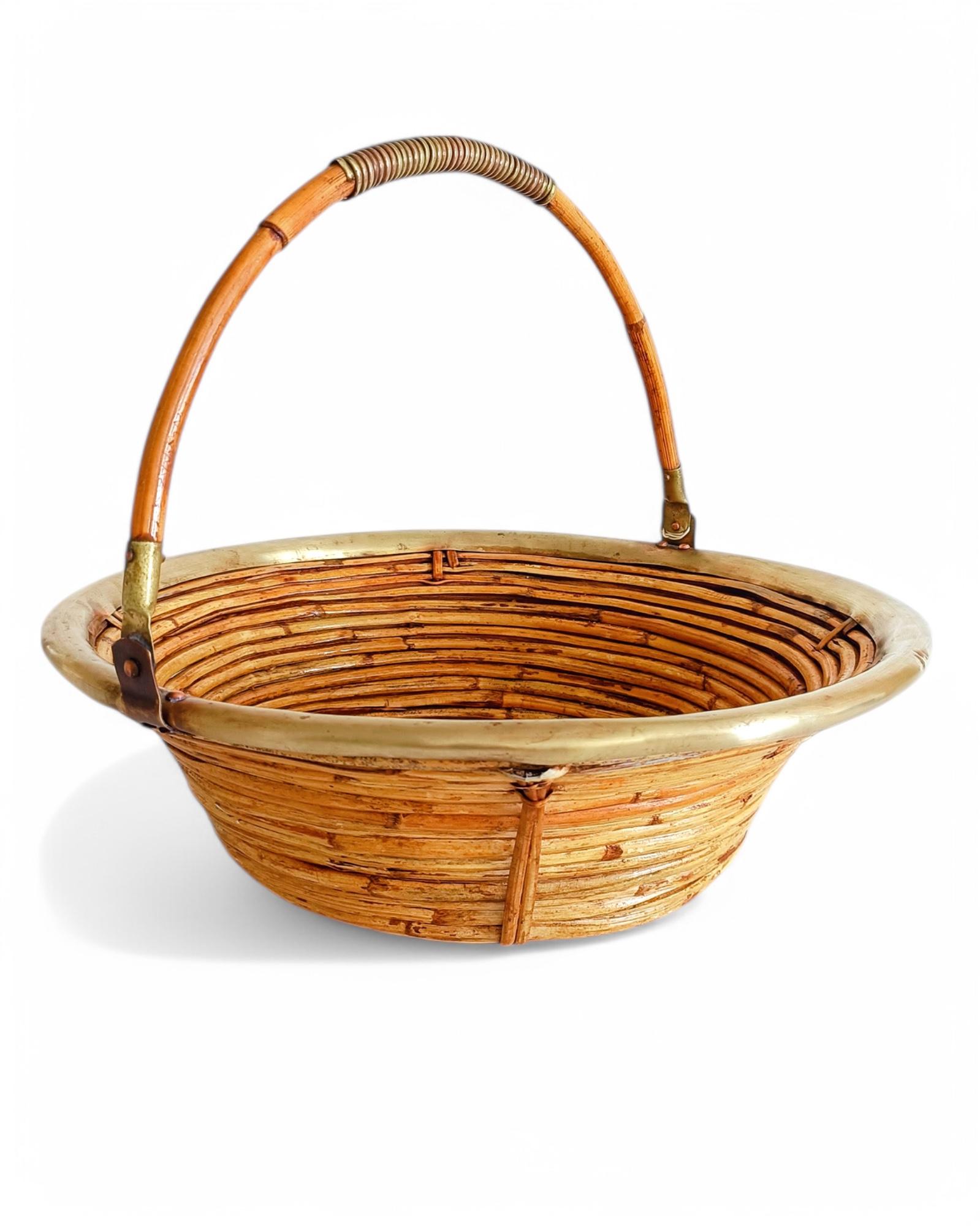 Midcentury Bamboo Rattan Brass Fruit Bowl Basket/ Centerpiece, Italy, 1960s 4