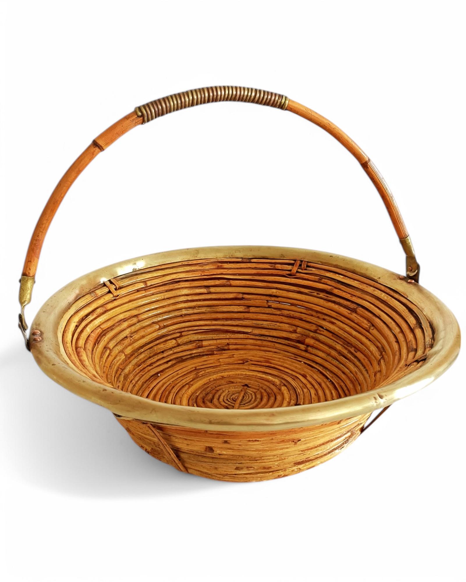 Midcentury Bamboo Rattan Brass Fruit Bowl Basket/ Centerpiece, Italy, 1960s 5