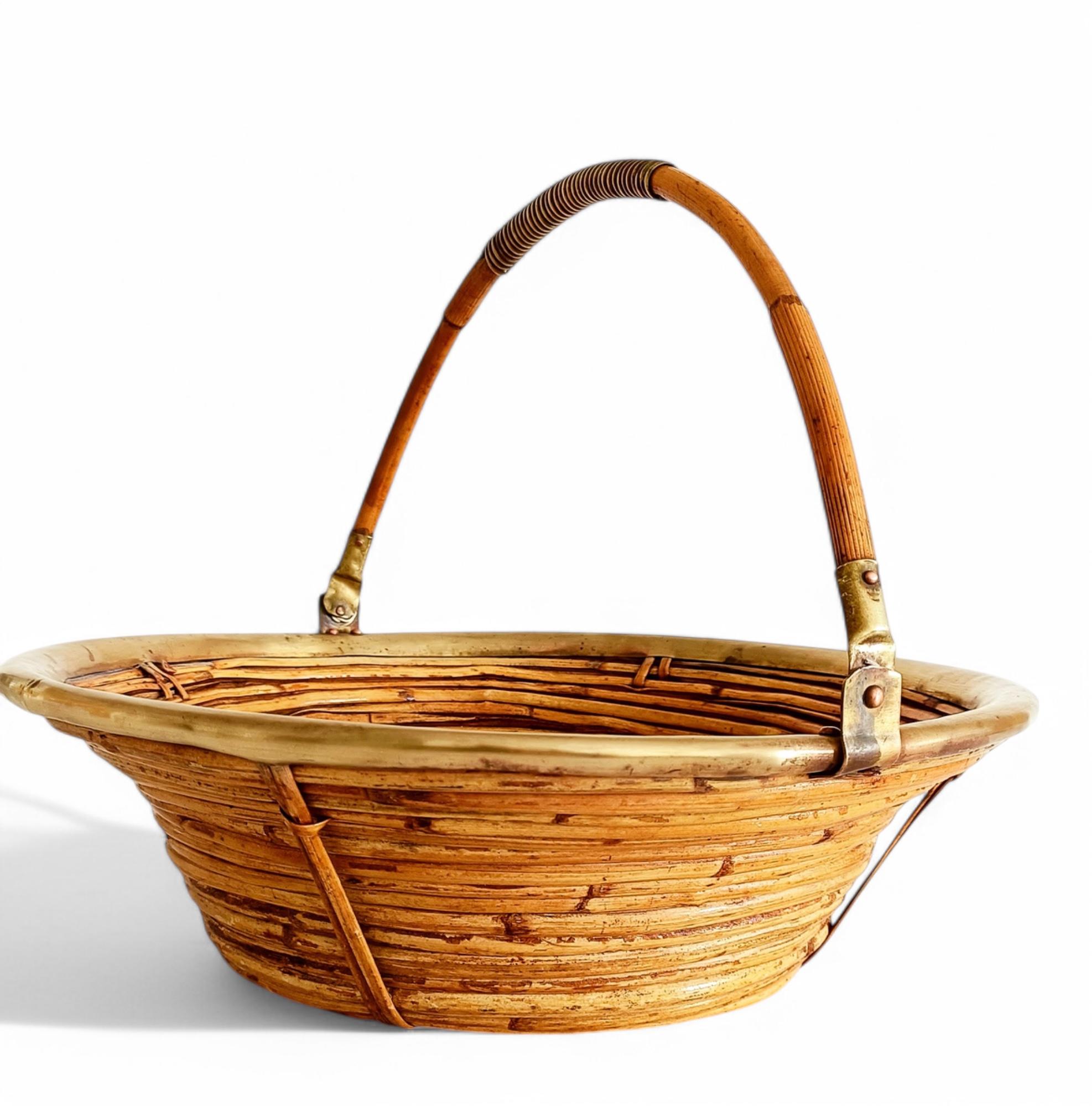 Midcentury Bamboo Rattan Brass Fruit Bowl Basket/ Centerpiece, Italy, 1960s 6