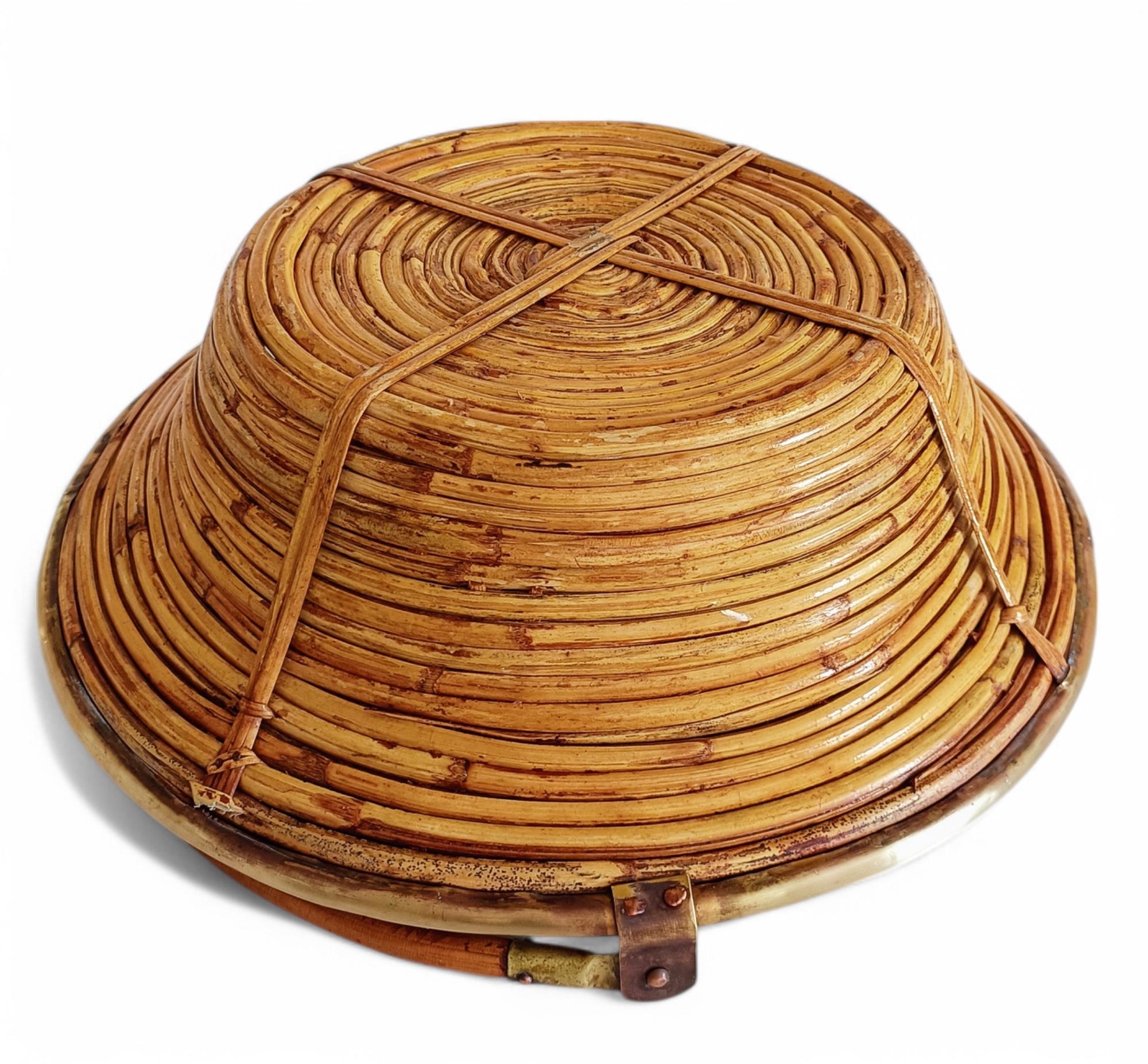 Midcentury Bamboo Rattan Brass Fruit Bowl Basket/ Centerpiece, Italy, 1960s 7