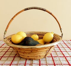 Midcentury Bamboo Rattan Brass Fruit Bowl Basket/ Centerpiece, Italy, 1960s