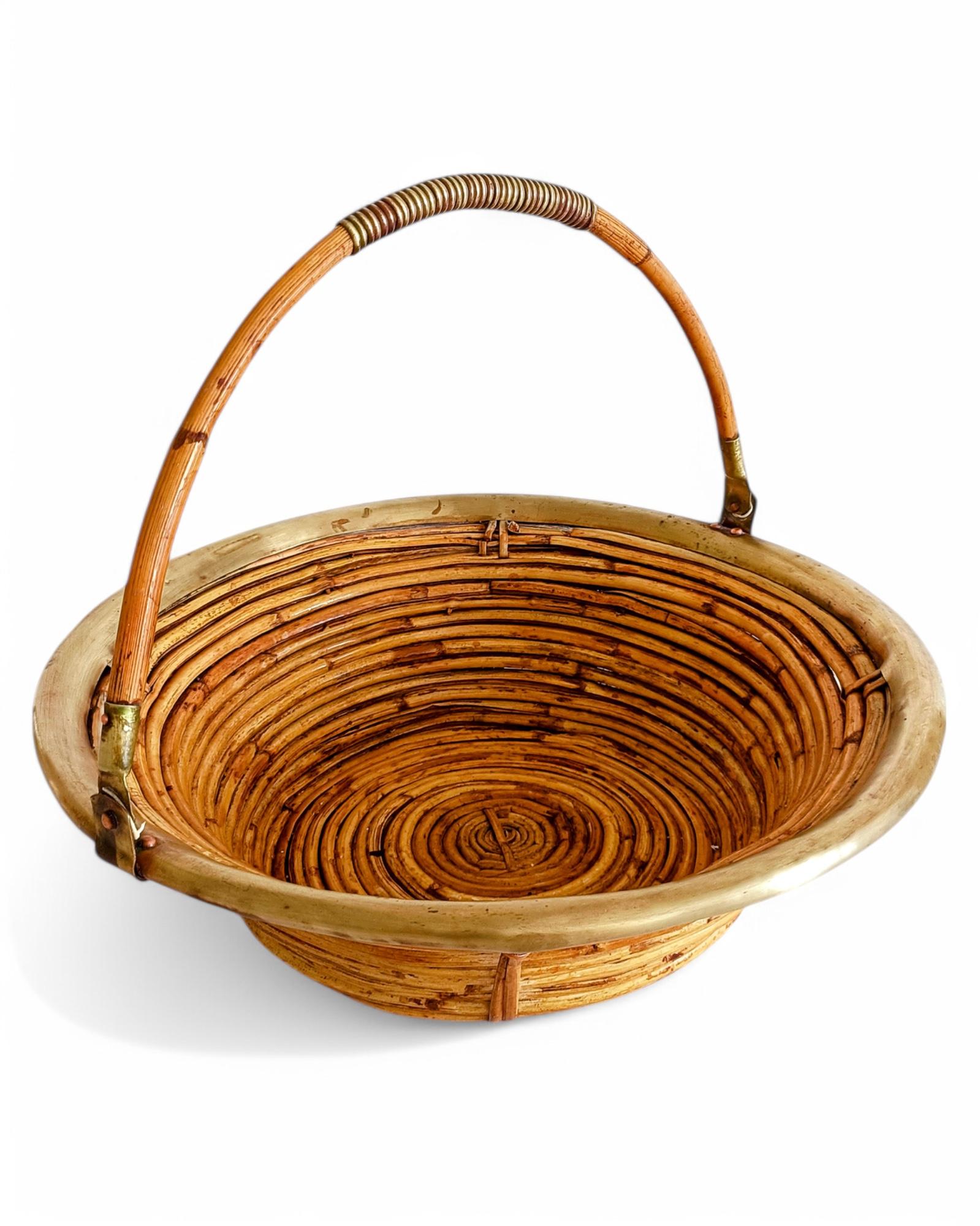 Organic Modern Midcentury Bamboo Rattan Brass Fruit Bowl Basket/ Centerpiece, Italy, 1960s