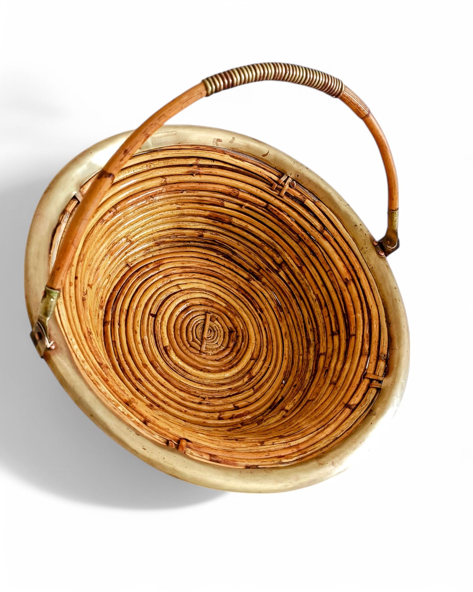 Italian Midcentury Bamboo Rattan Brass Fruit Bowl Basket/ Centerpiece, Italy, 1960s