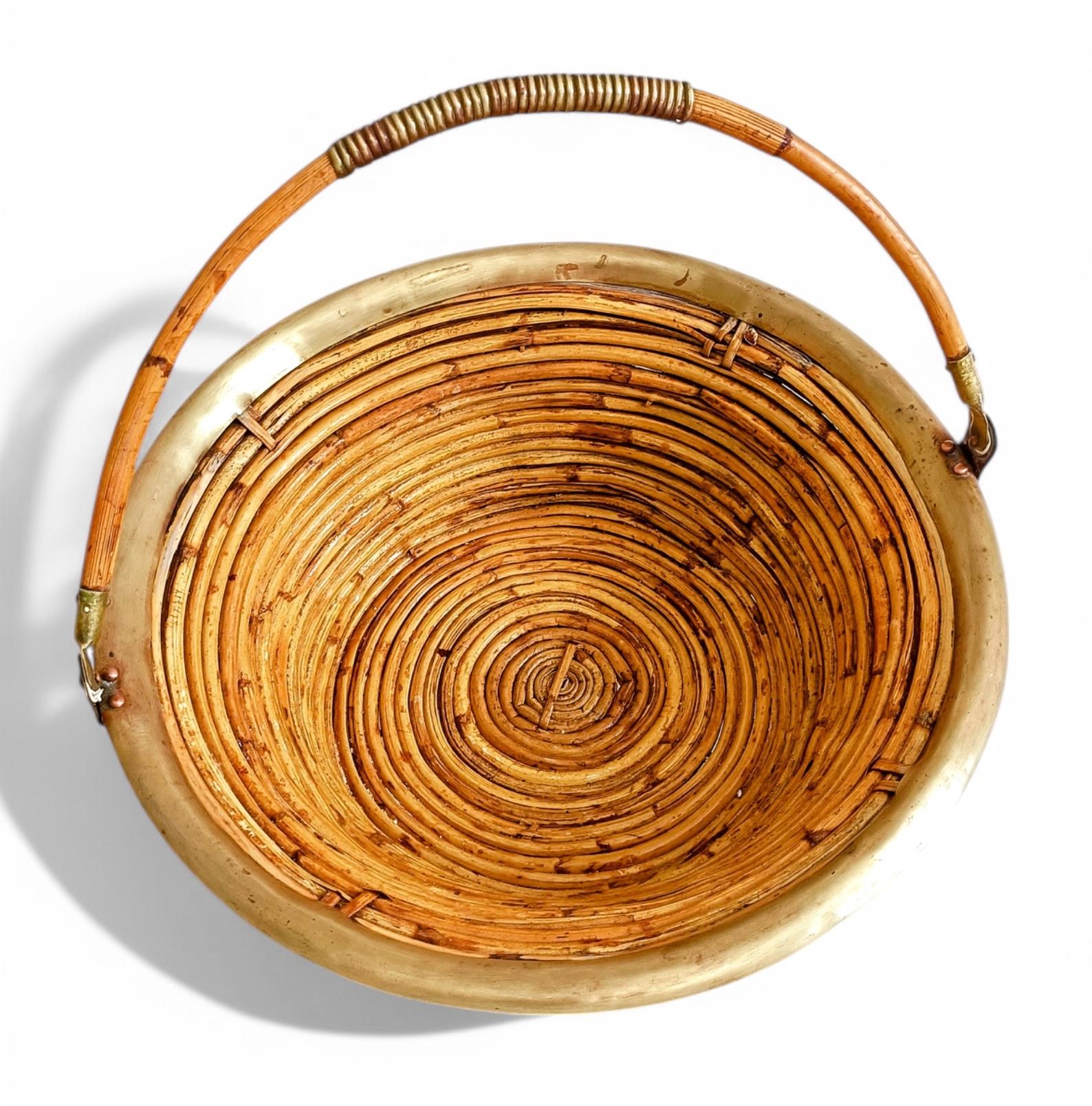Hand-Crafted Midcentury Bamboo Rattan Brass Fruit Bowl Basket/ Centerpiece, Italy, 1960s