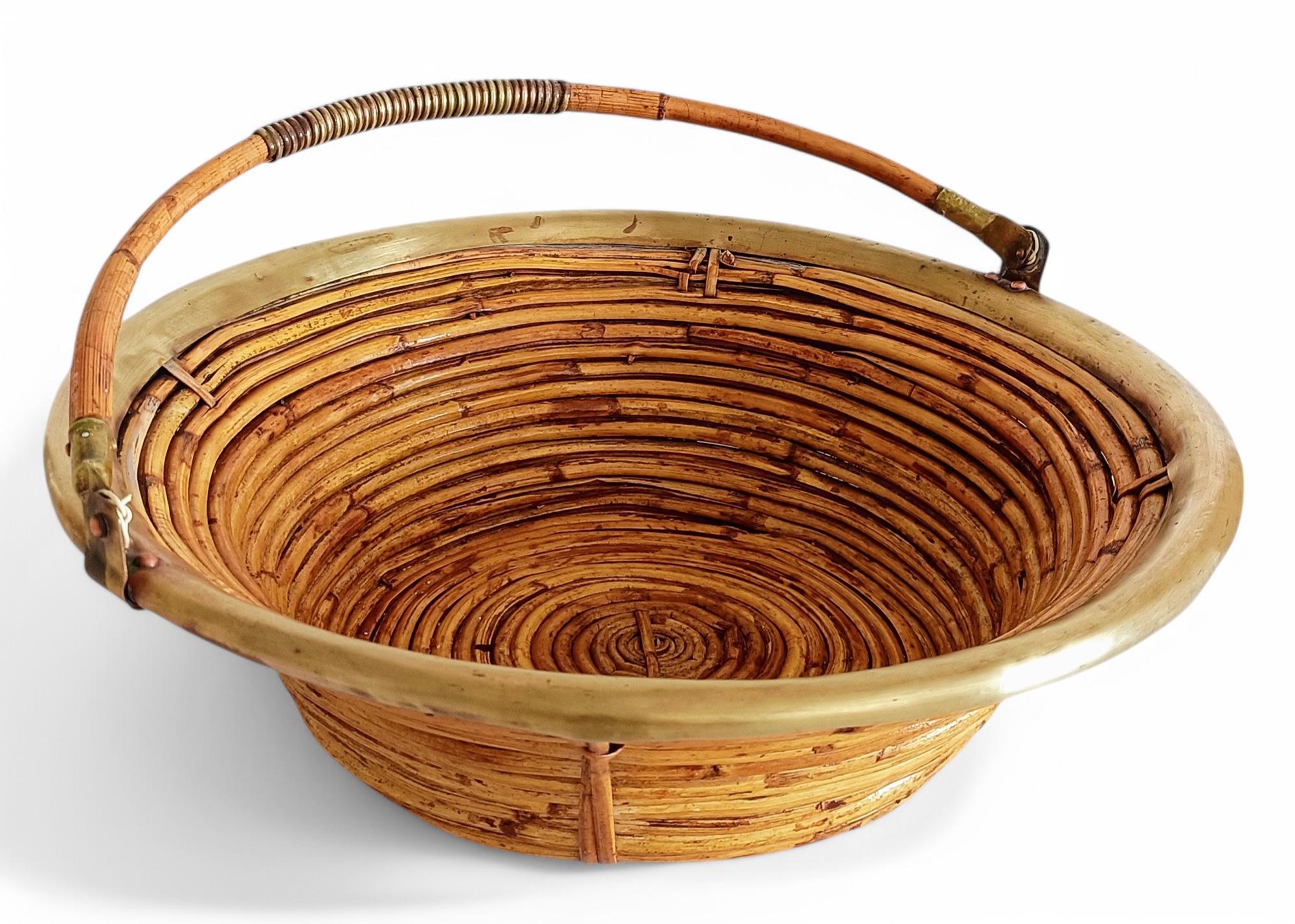 Mid-20th Century Midcentury Bamboo Rattan Brass Fruit Bowl Basket/ Centerpiece, Italy, 1960s