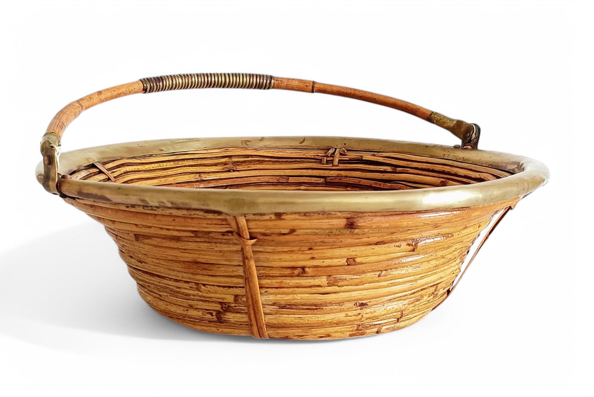 Midcentury Bamboo Rattan Brass Fruit Bowl Basket/ Centerpiece, Italy, 1960s 1