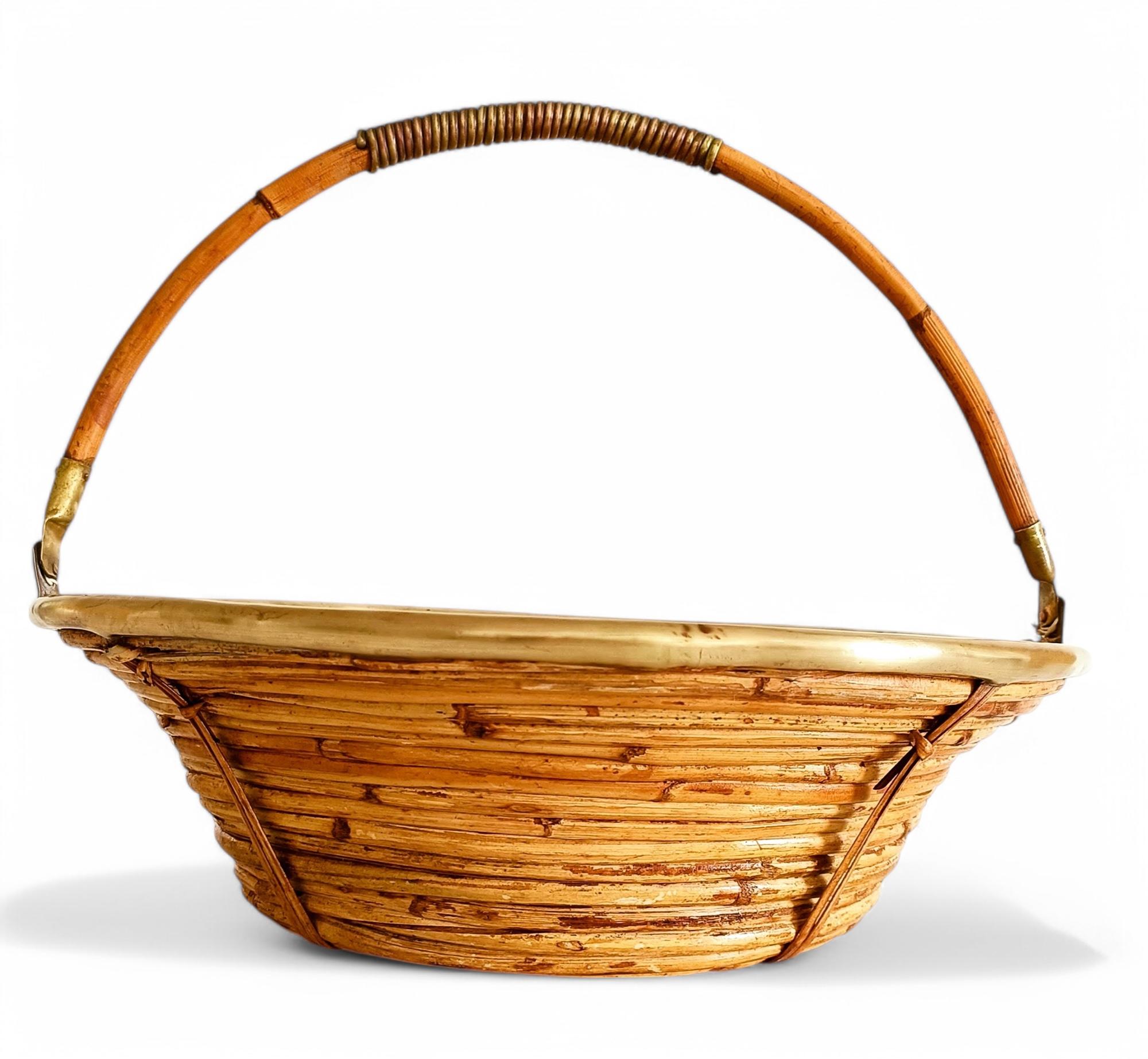 Midcentury Bamboo Rattan Brass Fruit Bowl Basket/ Centerpiece, Italy, 1960s 2