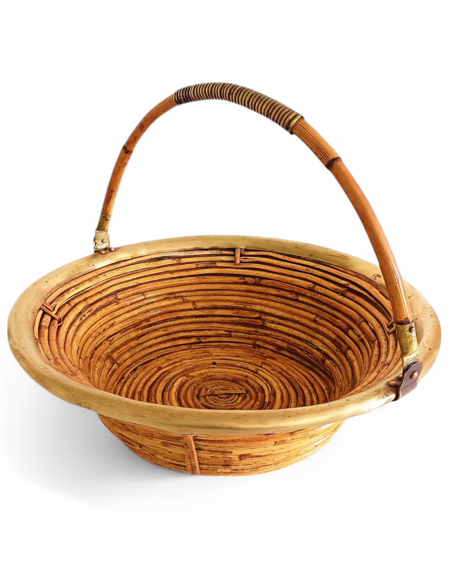 Midcentury Bamboo Rattan Brass Fruit Bowl Basket/ Centerpiece, Italy, 1960s 3