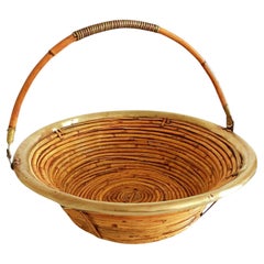 Cesto/centrotavola per fruttiera in bambù e rattan, Italia, anni '60