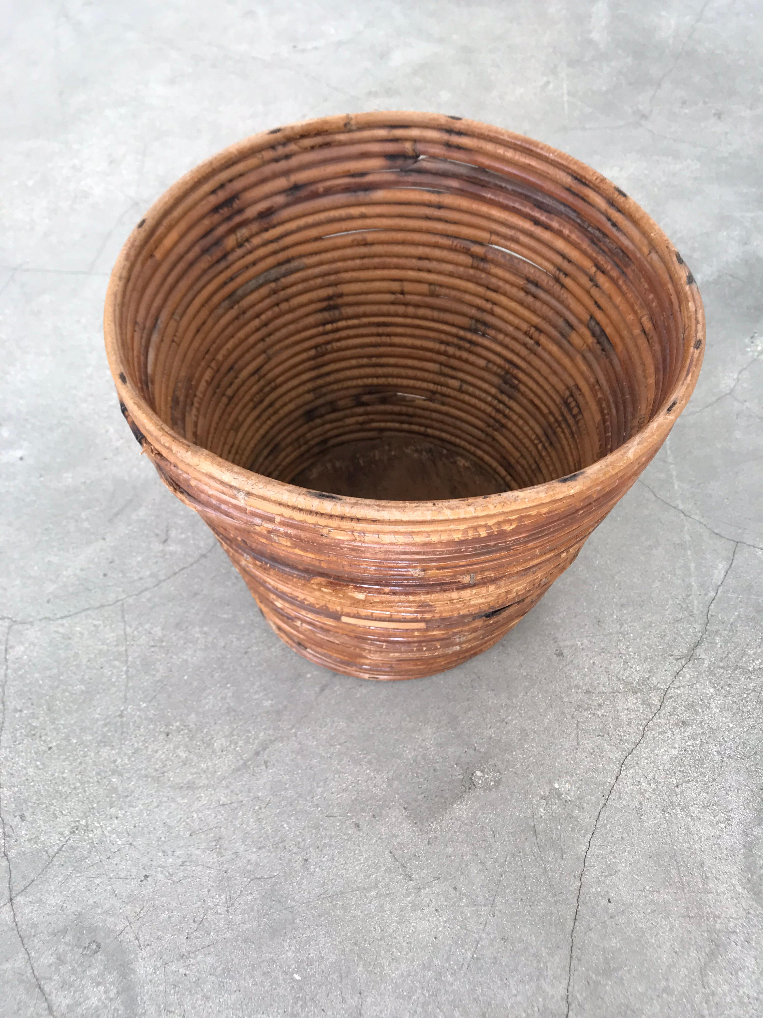 Mid-Century Modern Bamboo Split Reed Rattan Waste Basket or Trash Bin