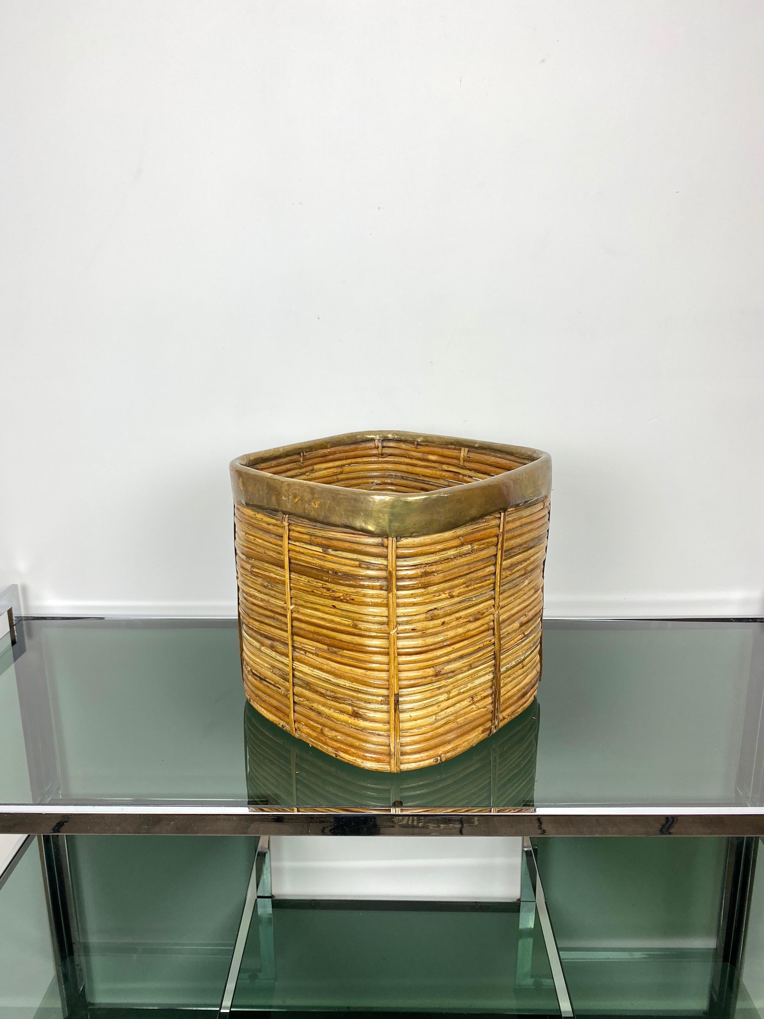 Basket in bamboo with brass borders, Italy, circa 1970.