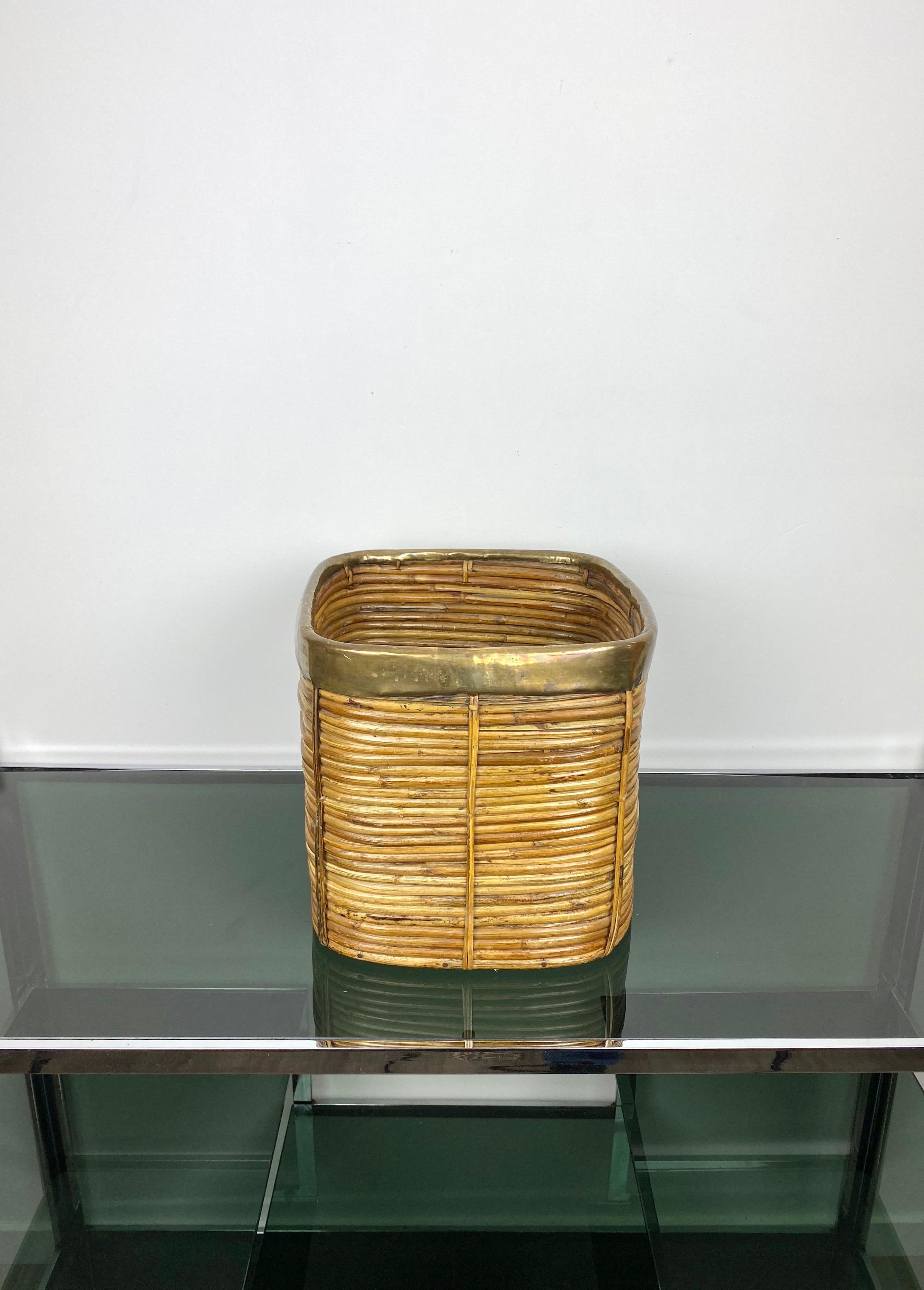 Mid-Century Modern Brass and Rattan Bamboo Basket, Italy, 1970s