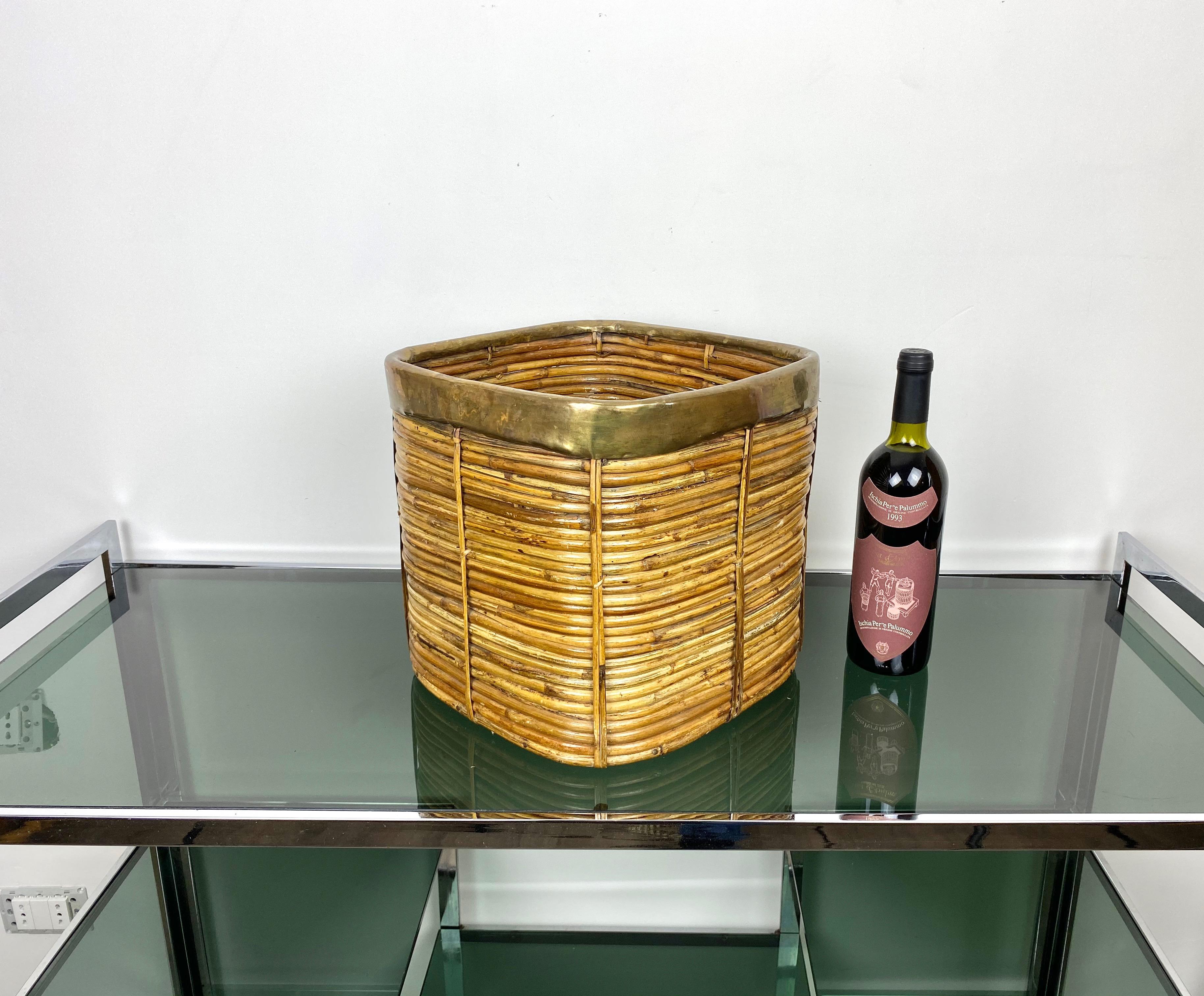 Brass and Rattan Bamboo Basket, Italy, 1970s In Good Condition In Rome, IT
