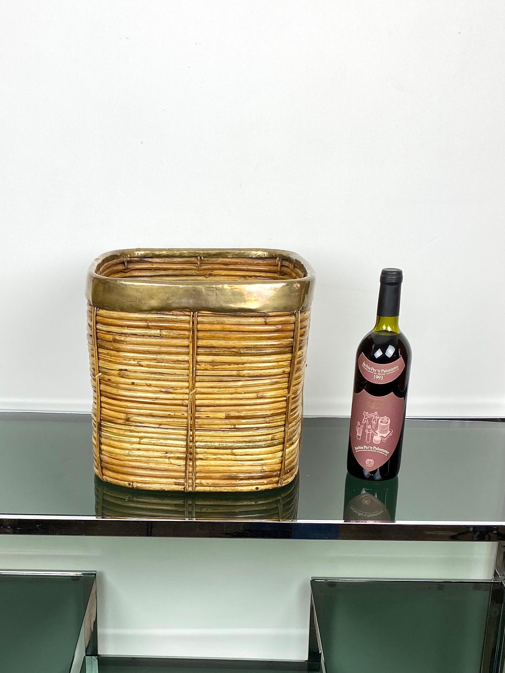 Late 20th Century Brass and Rattan Bamboo Basket, Italy, 1970s