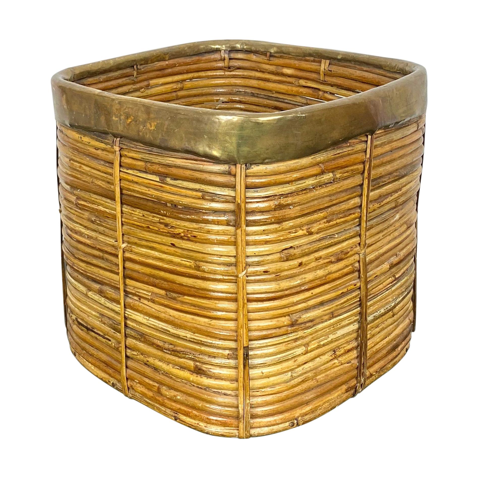 Brass and Rattan Bamboo Basket, Italy, 1970s