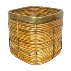 Brass and Rattan Bamboo Basket, Italy, 1970s