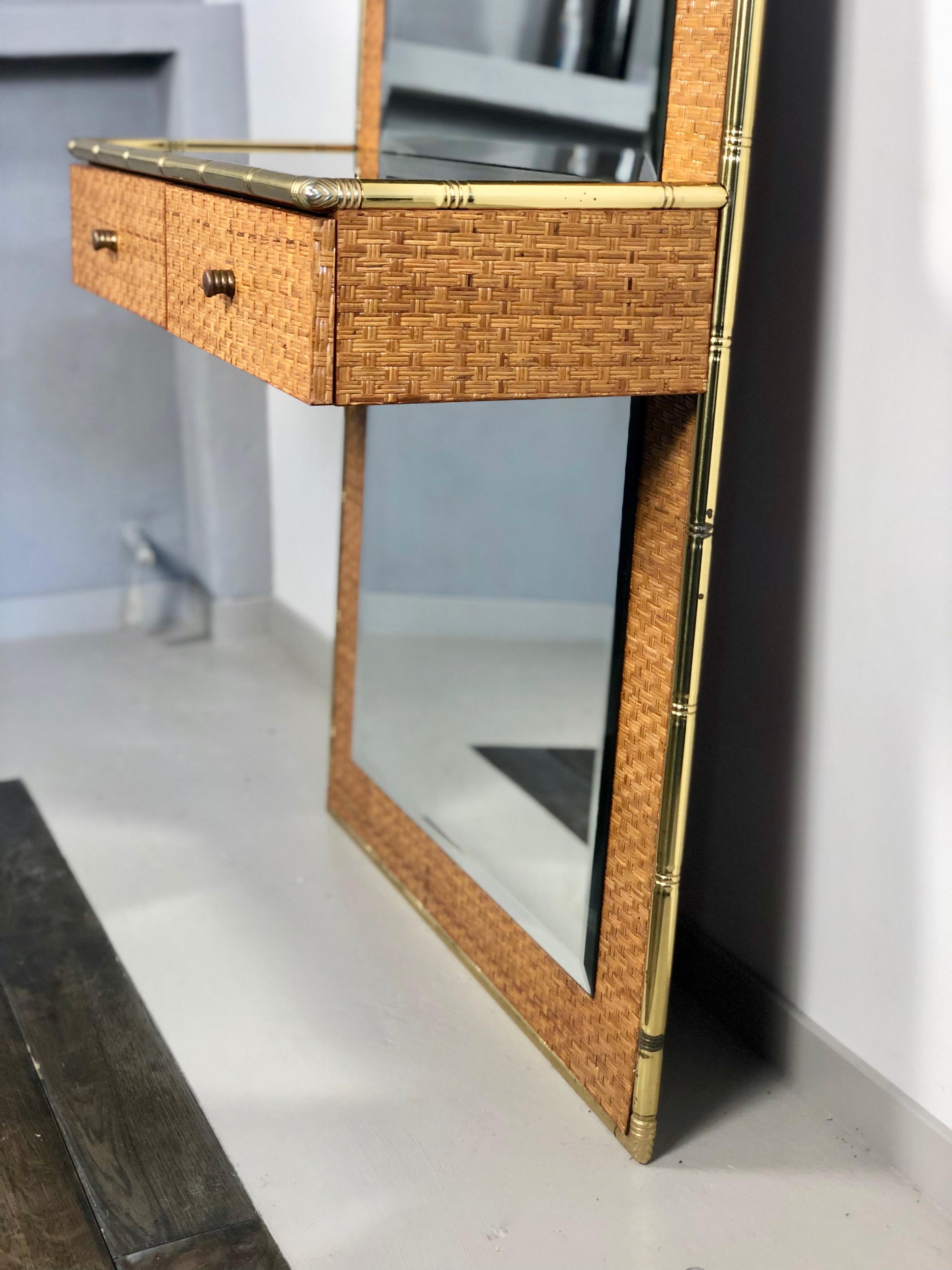 Mid-Century Modern Brass, Bamboo and Mirror Console Etagere, 1960s, Italy