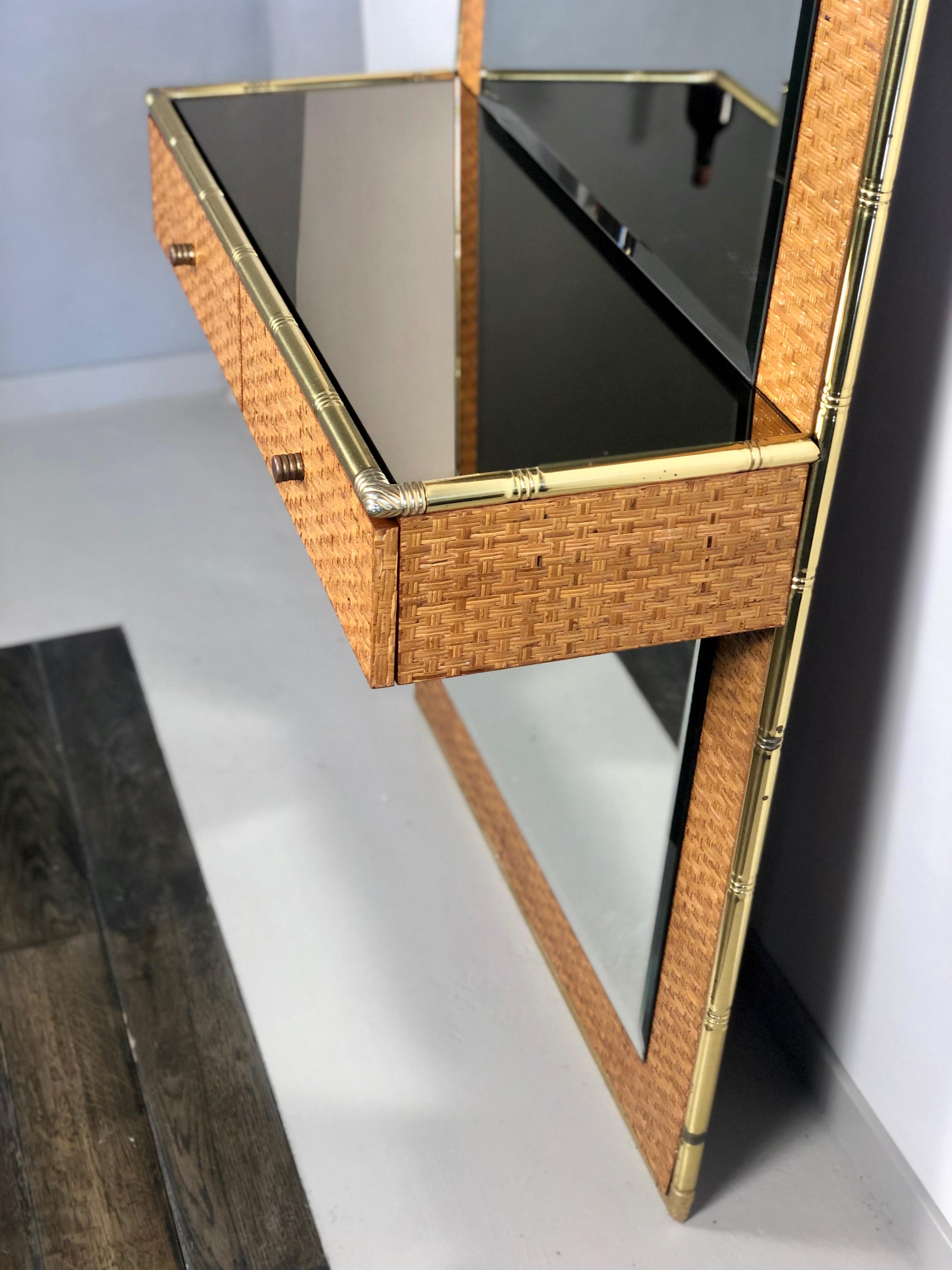Italian Brass, Bamboo and Mirror Console Etagere, 1960s, Italy