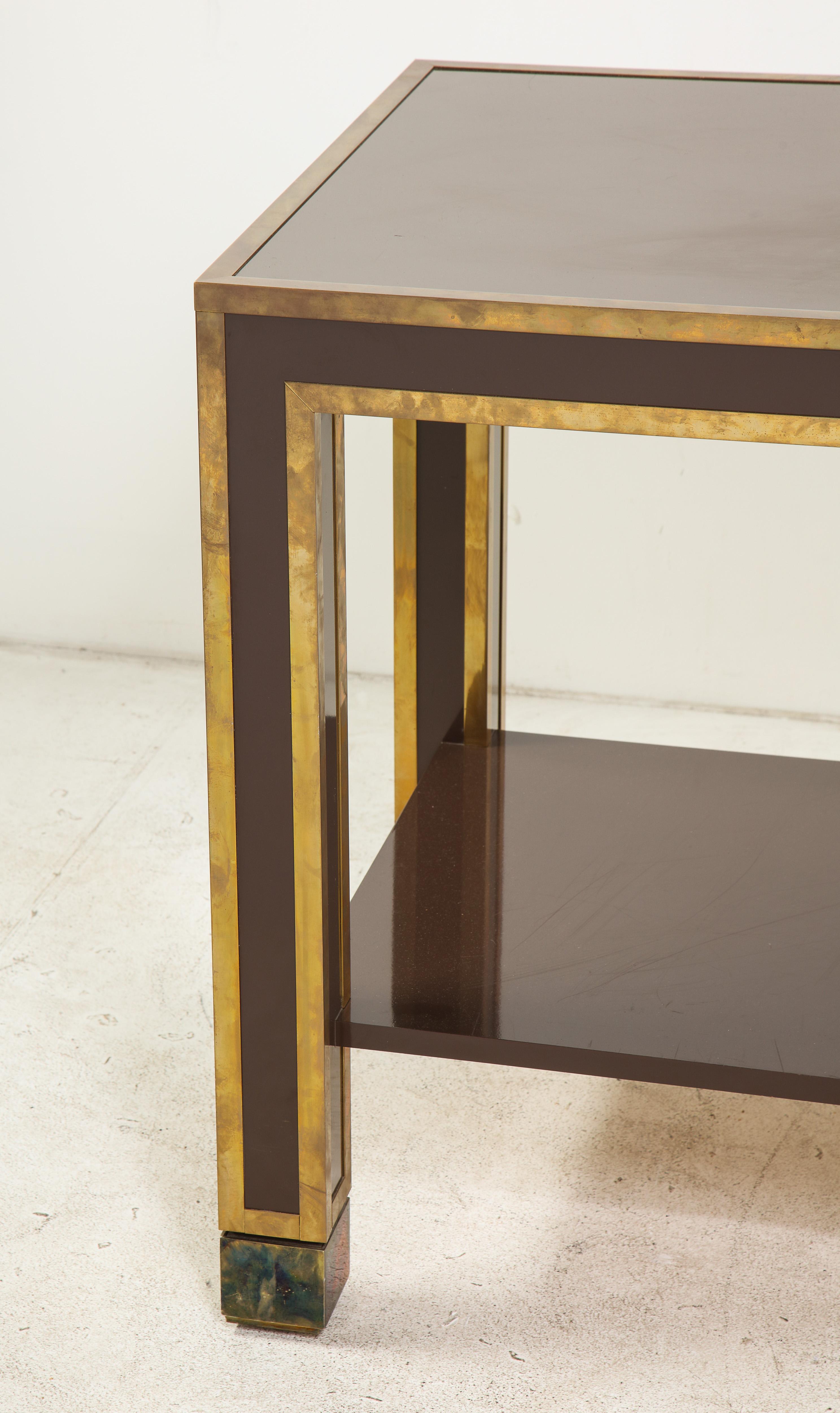Inlay Brown Lacquer and Brass Inlaid Table, Italian, circa 1960