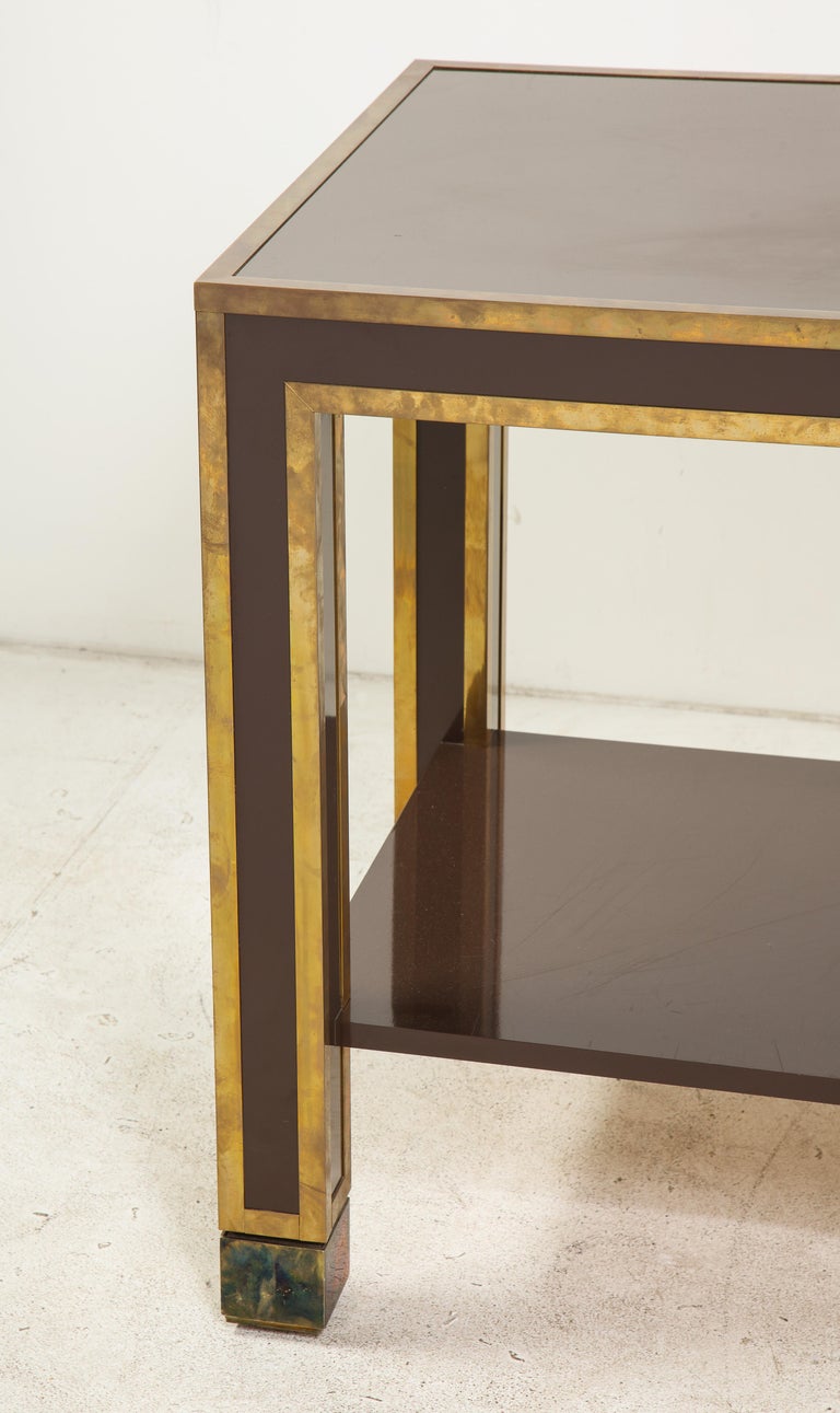 Inlay Brown Lacquer and Brass Inlaid Table, Italian, circa 1960 For Sale