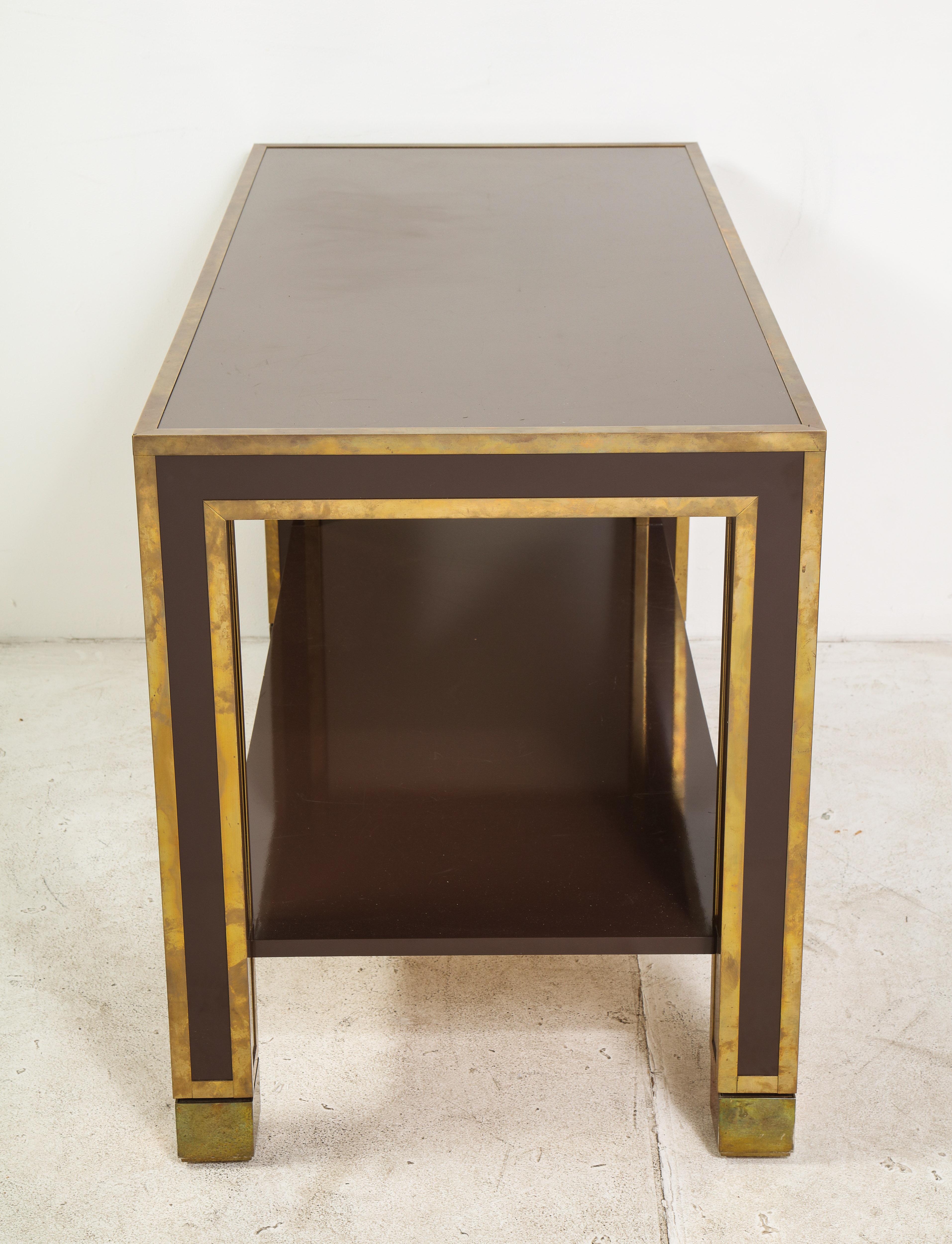 Brown Lacquer and Brass Inlaid Table, Italian, circa 1960 3
