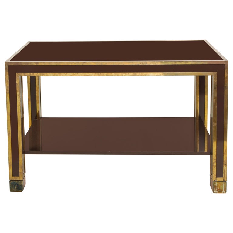 Brown Lacquer and Brass Inlaid Table, Italian, circa 1960 For Sale