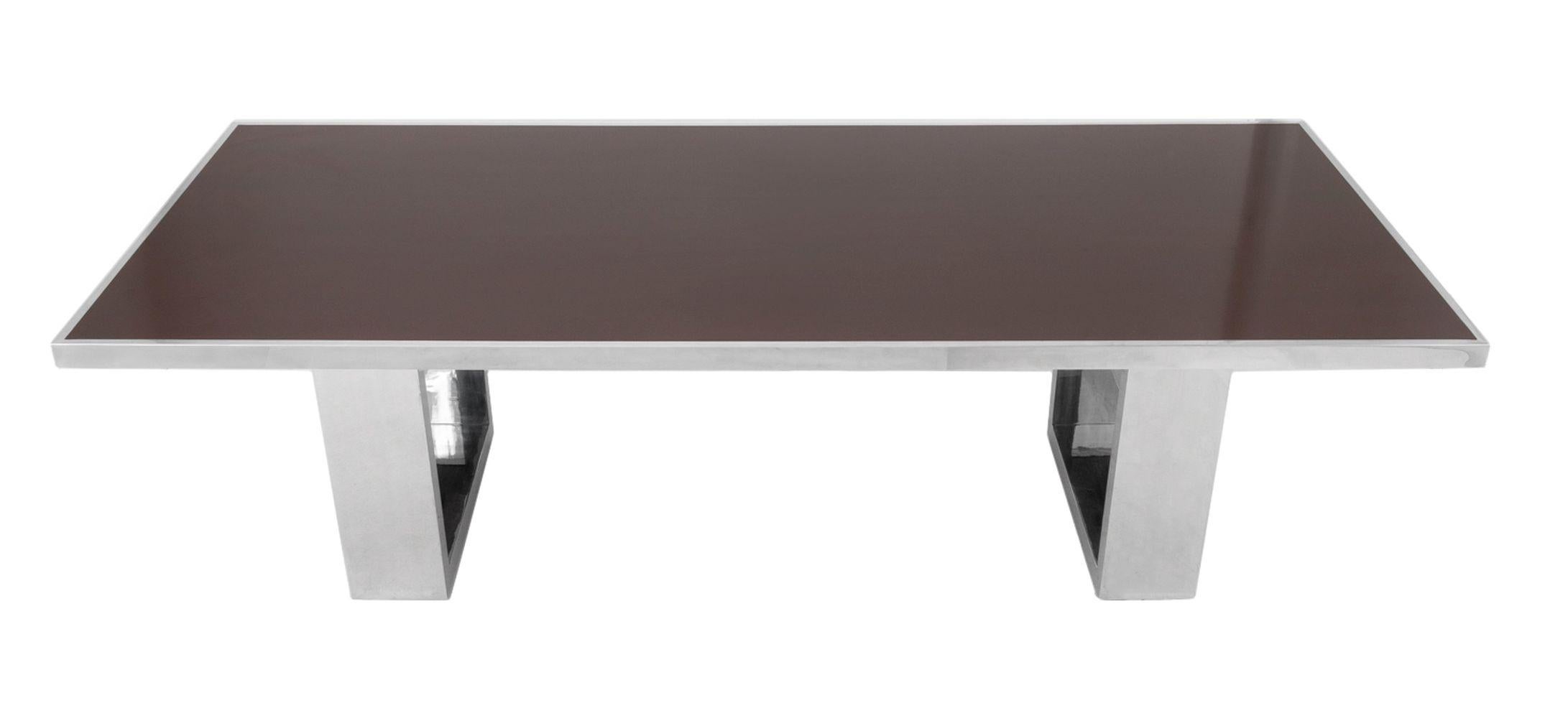 Gabriella Crespi Style Mid-Century Modern Dining Table, with an ebonized wood top above two chrome-plated supports. 30