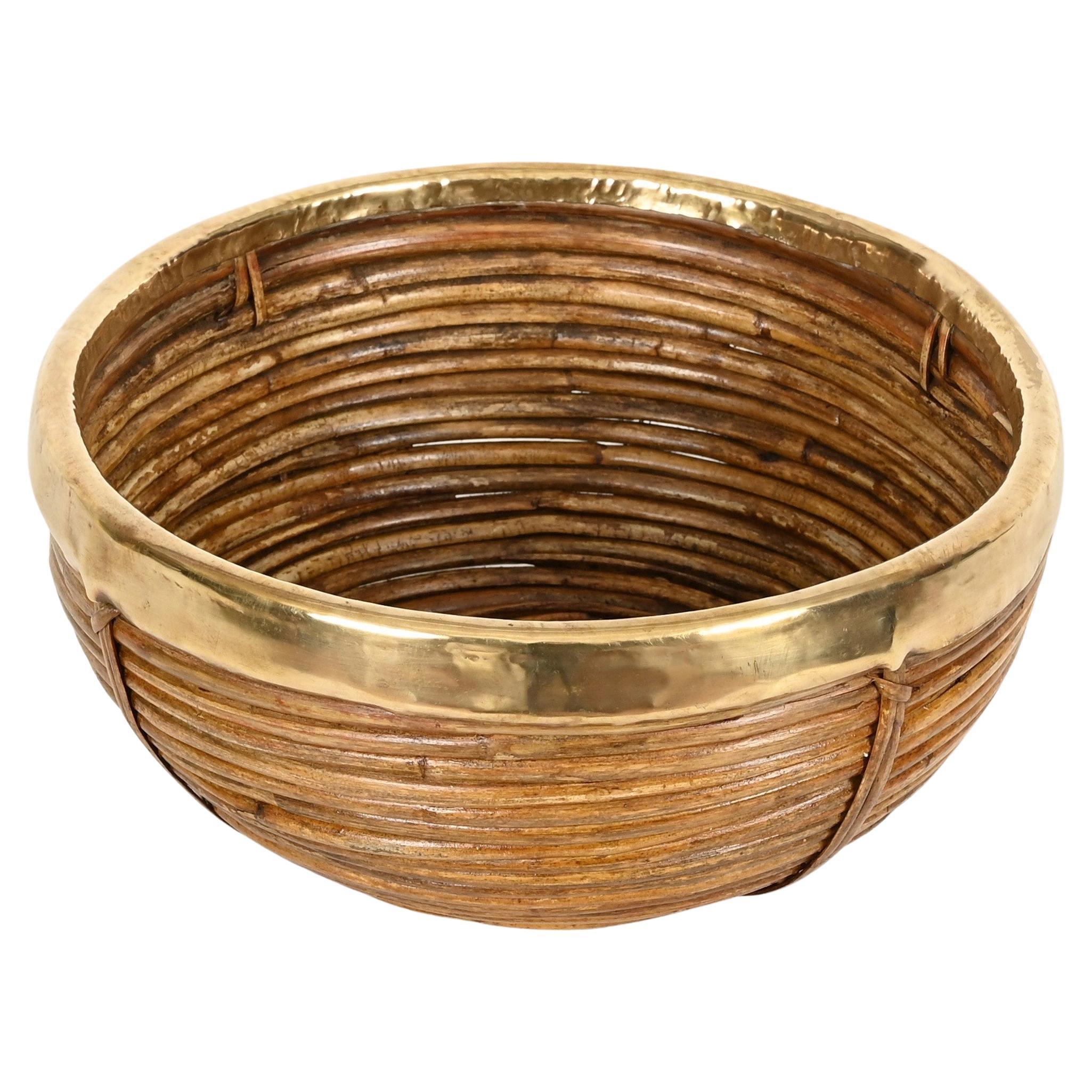 Decorative Bowl in Rattan and Brass, Italy, 1960s
