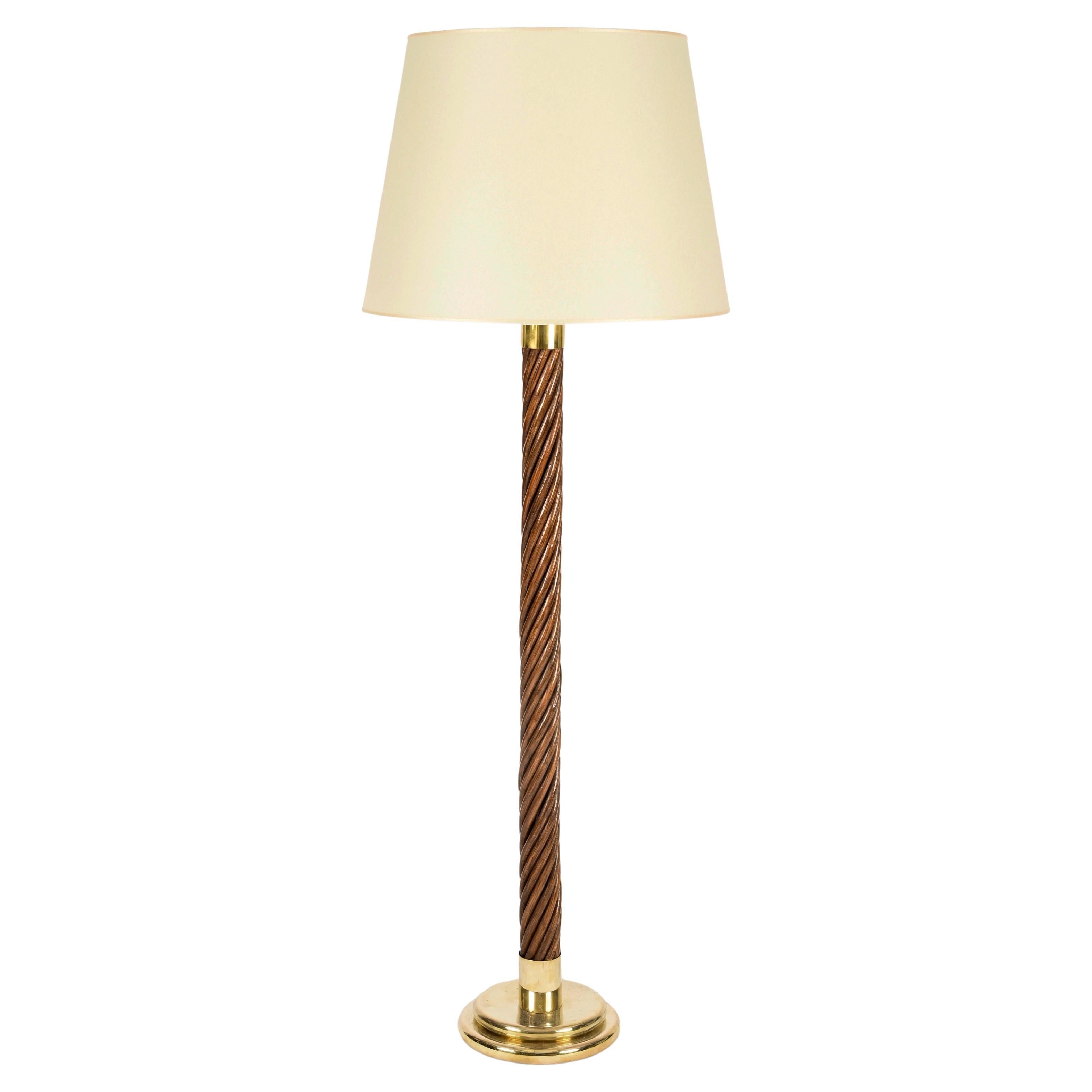 Lampadaire de style Gabriella Crespi en rotin, laiton et parchemin, Italie, années 1960 en vente