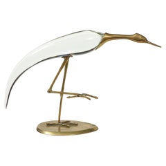 Gabriella Crespi Style Glass, Brass Egret Sculpture