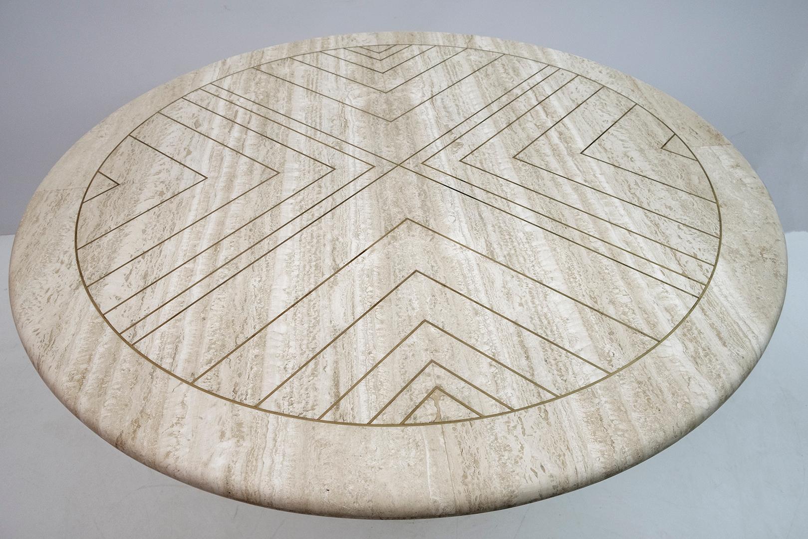 Willy Rizzo Mid-century Italian Travertine whit Brass Inlays Round Dining Table 5