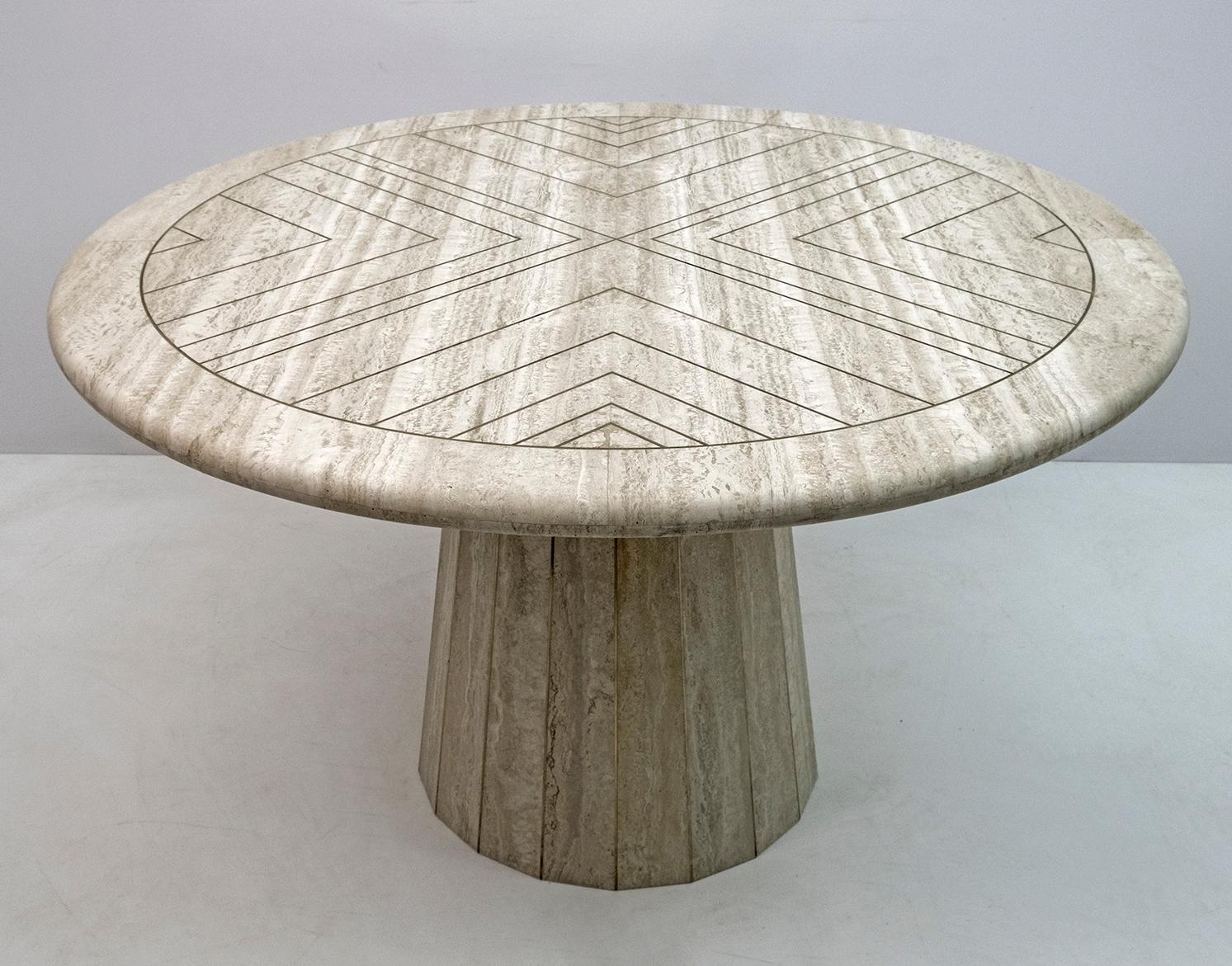 Willy Rizzo Mid-century Italian Travertine whit Brass Inlays Round Dining Table 1