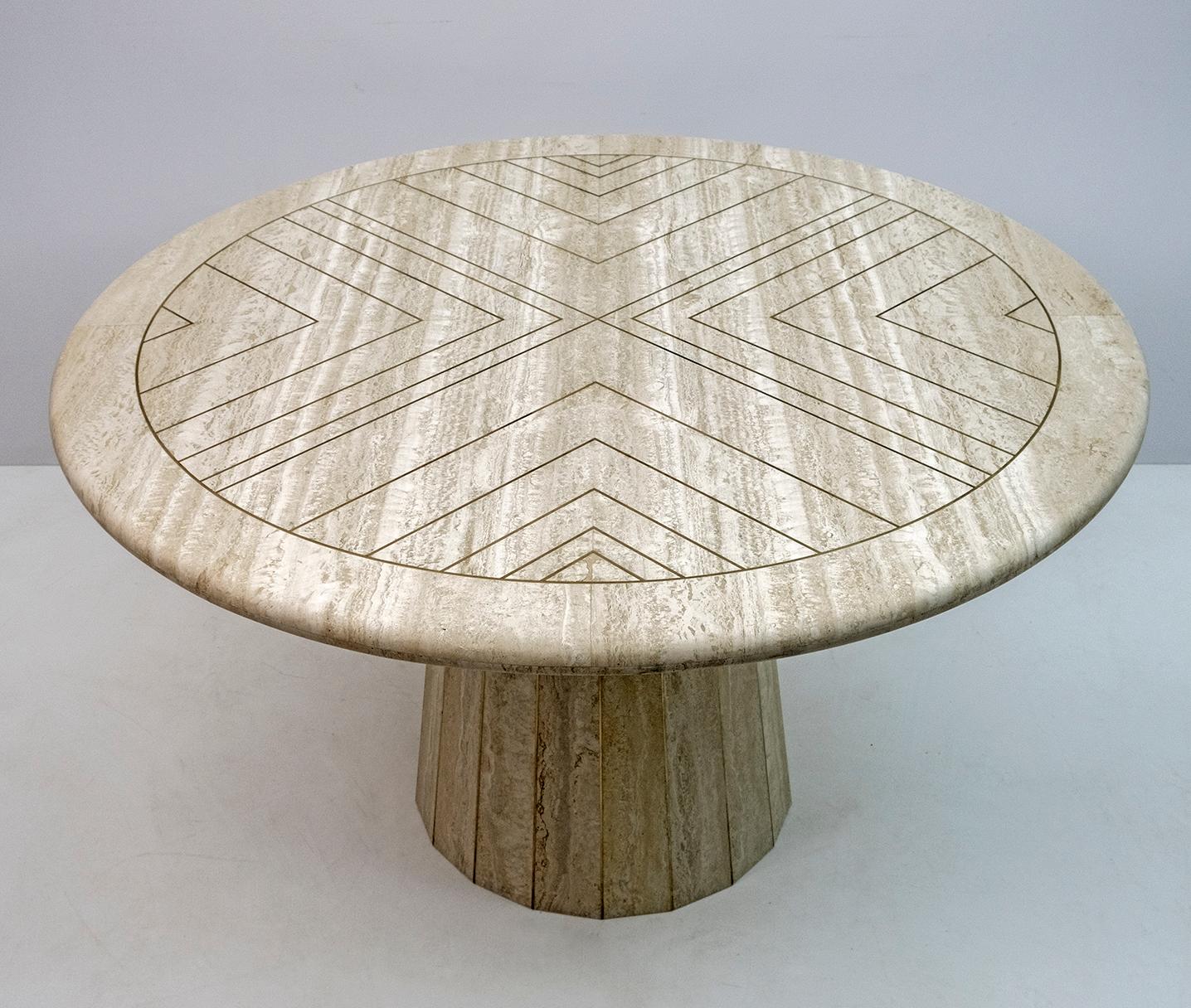 Willy Rizzo Mid-century Italian Travertine whit Brass Inlays Round Dining Table 2