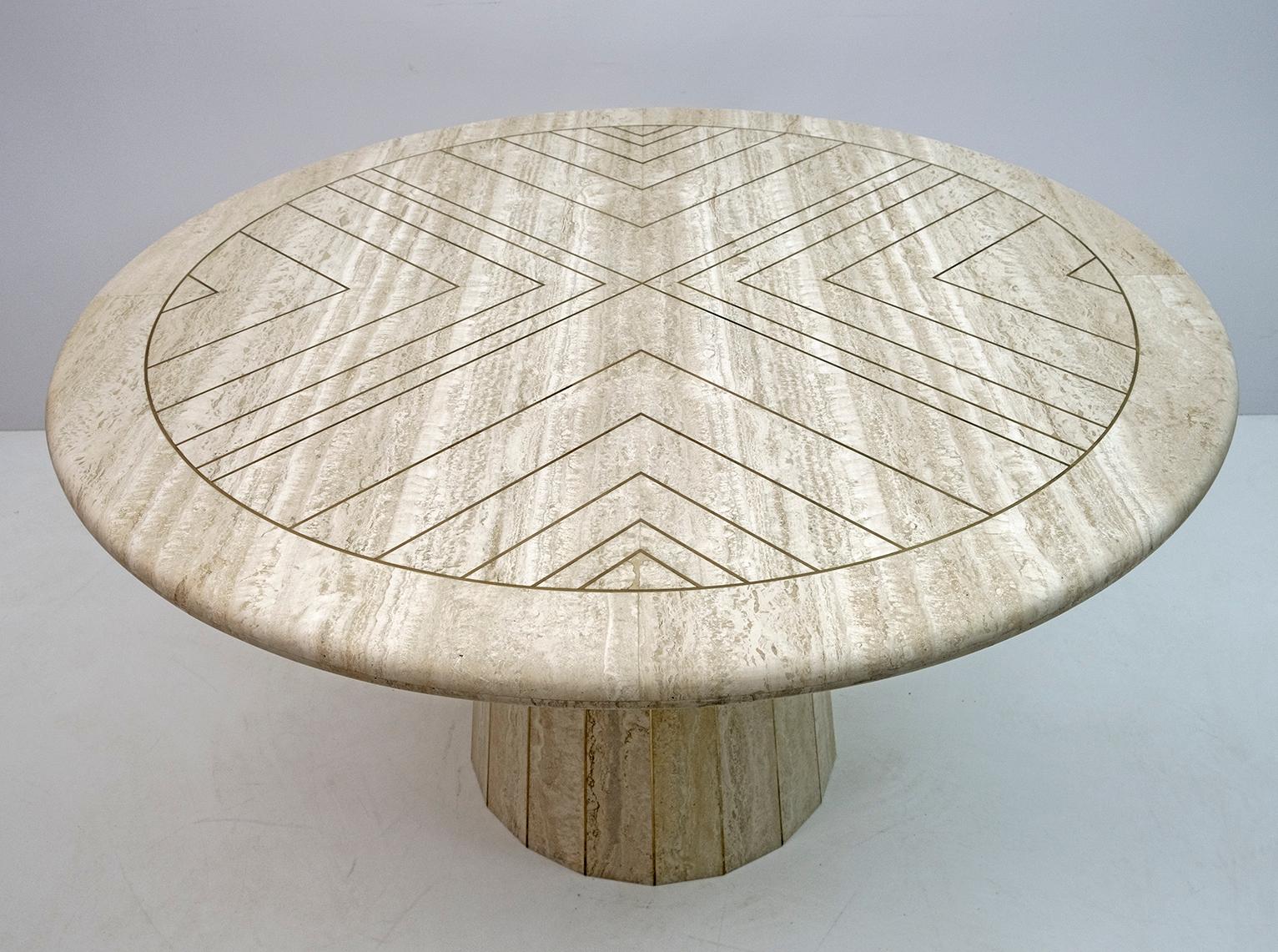 Willy Rizzo Mid-century Italian Travertine whit Brass Inlays Round Dining Table 3