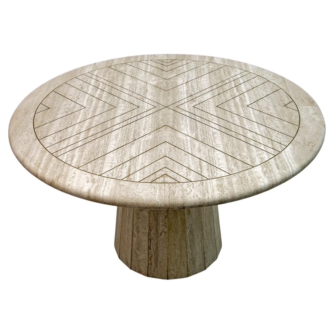 Willy Rizzo Mid-century Italian Travertine whit Brass Inlays Round Dining Table