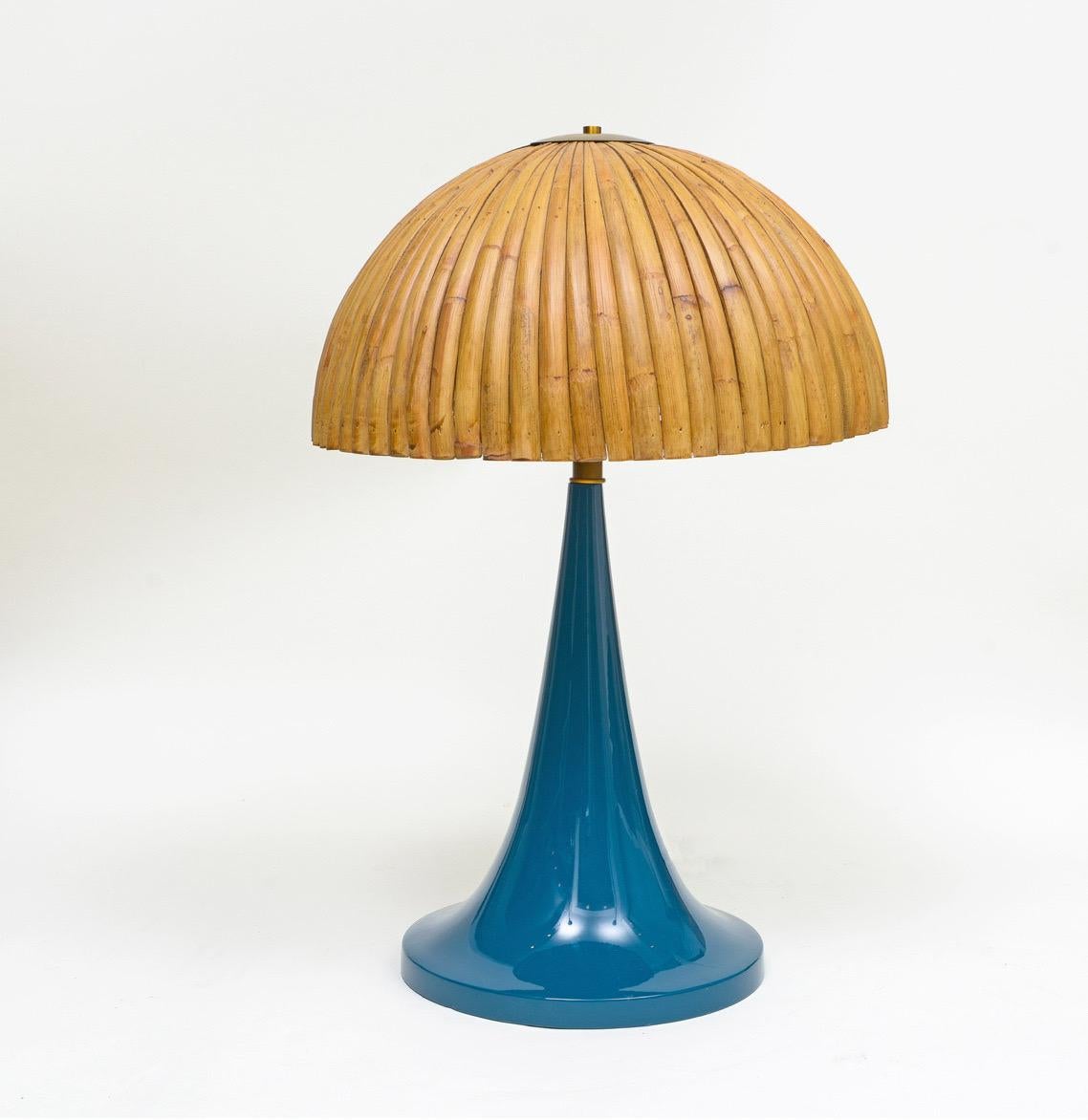Gabriella Crespi Style Large Bamboo Pair of Table Lamps with Blue Lacquer Bases For Sale 3