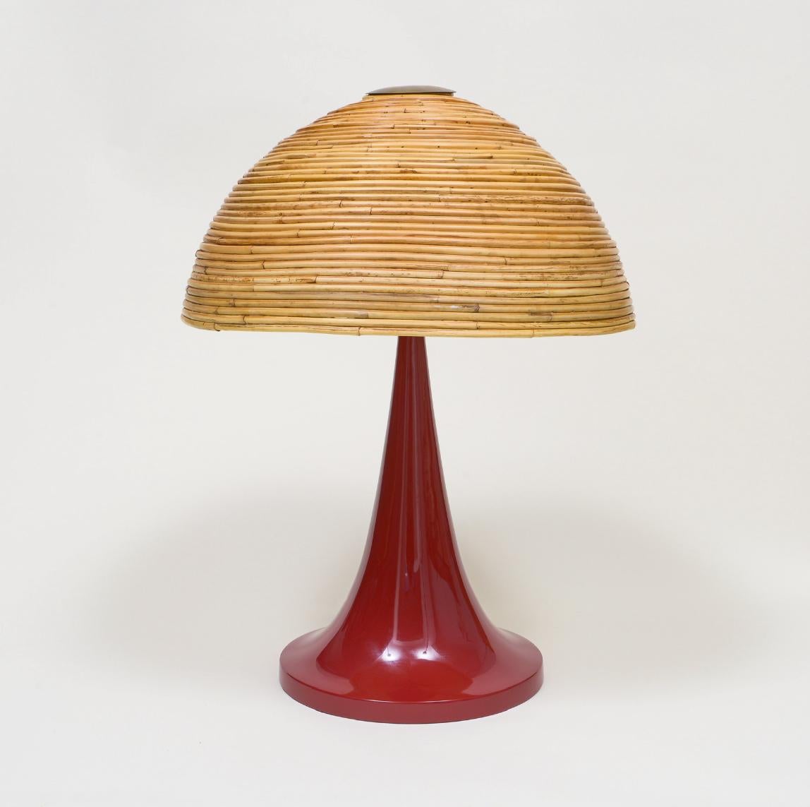 Large bamboo pair of table lamps with red lacquer bases created in collaboration with The Lacquer Company. In the style of Gabriella Crespi.

Beautiful and chic table lamps. Lovely Lacquer bases and bamboo tops held by brass top.
These are made to