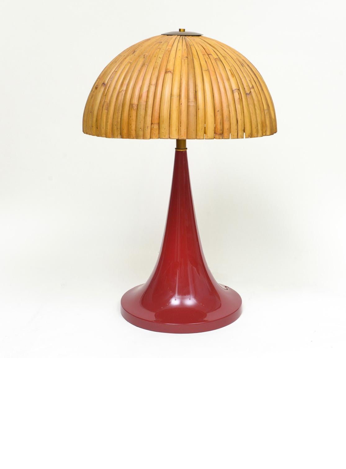 Brass Gabriella Crespi Style Large Bamboo Pair of Table Lamps with Red Lacquer Bases For Sale