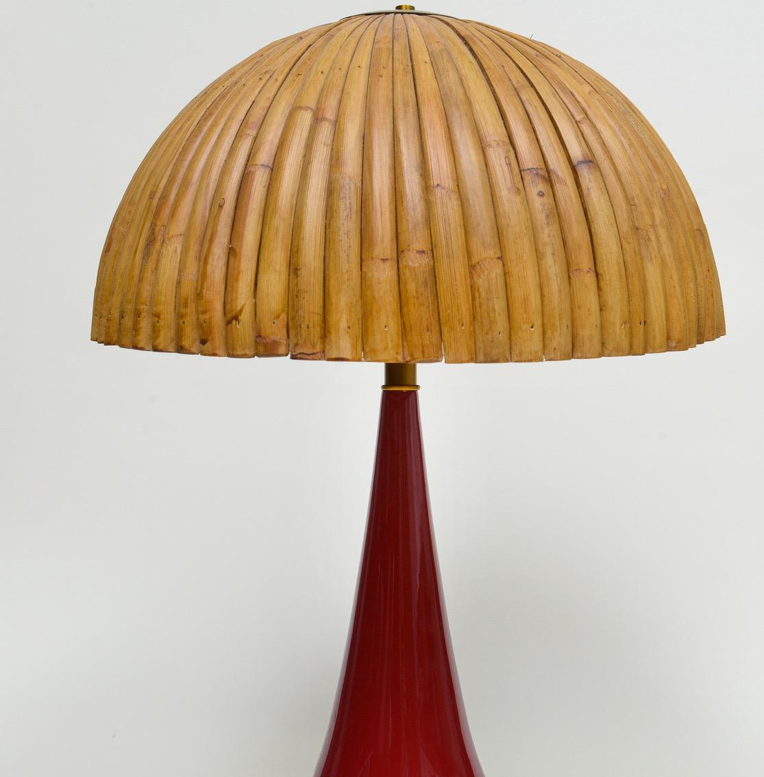 Gabriella Crespi Style Large Bamboo Pair of Table Lamps with Red Lacquer Bases For Sale 1