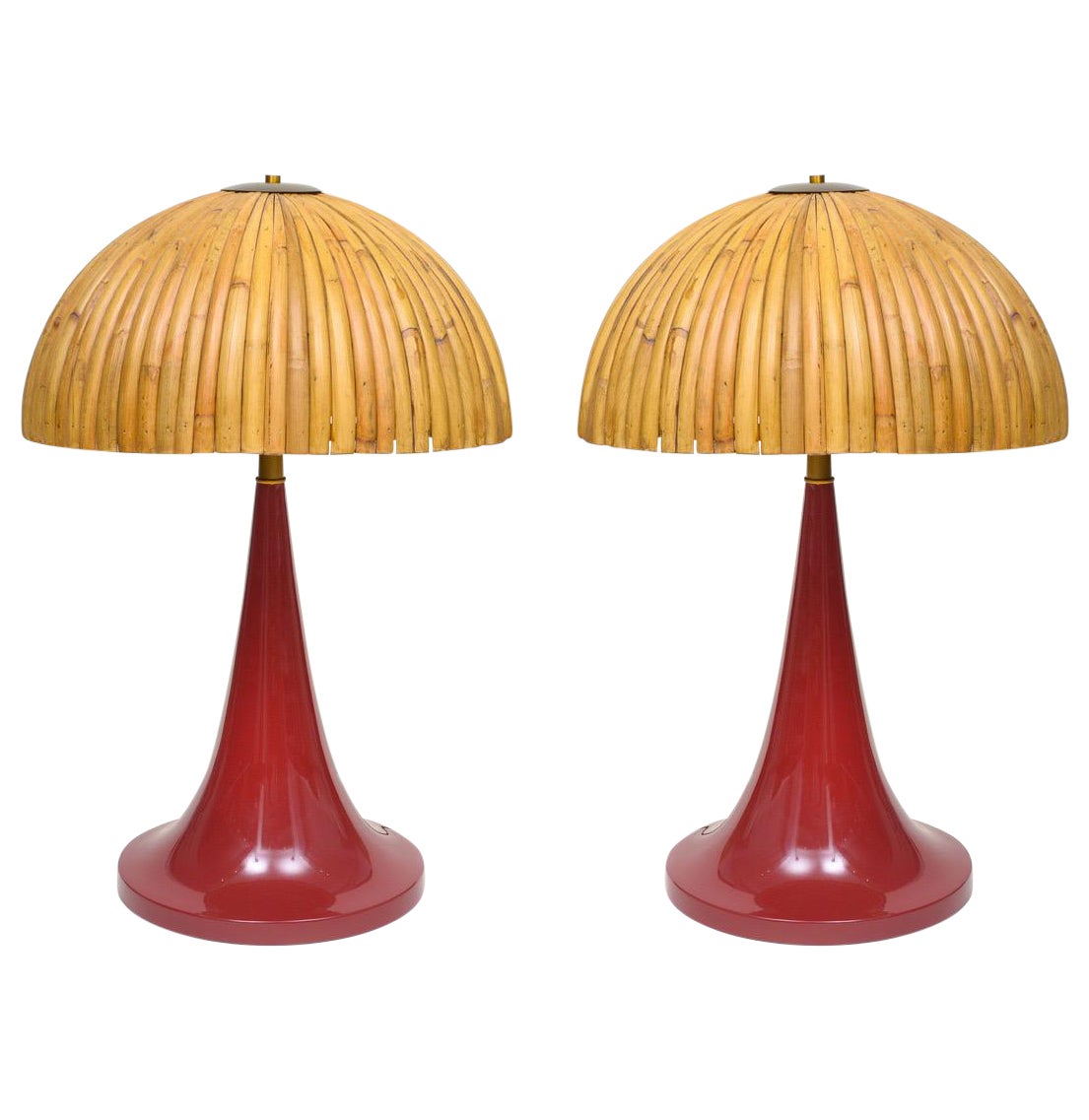 Paire de grandes lampes de bureau en bambou de style Gabriella Crespi avec bases en laque rouge