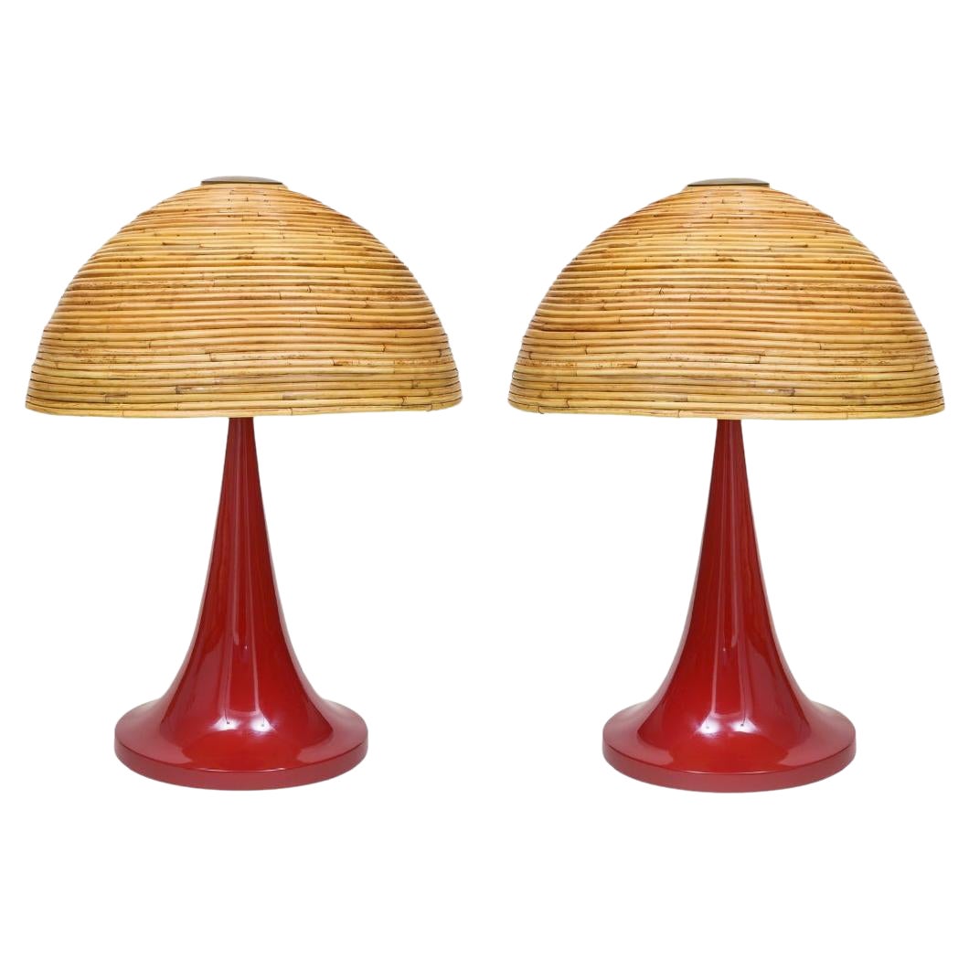 Gabriella Crespi Style Large Bamboo Pair of Table Lamps with Red Lacquer Bases For Sale