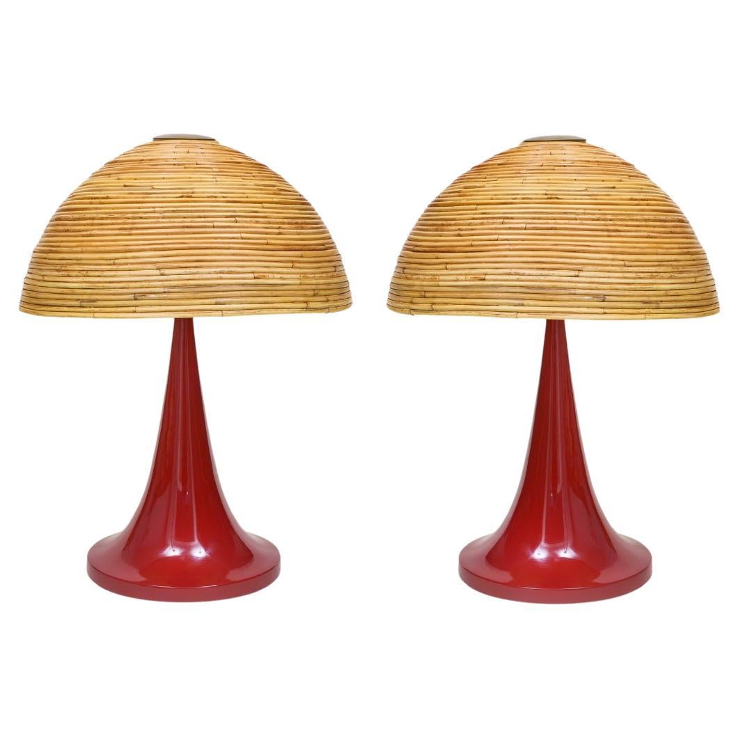 Gabriella Crespi Style Large Bamboo Pair of Table Lamps with Red Lacquer Bases
