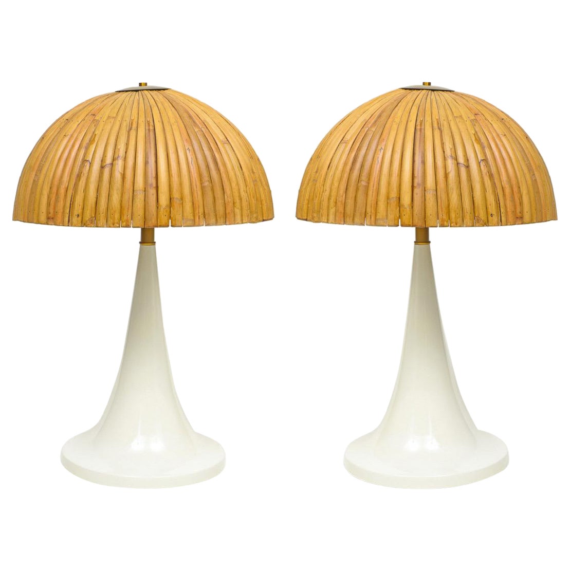 Gabriella Crespi Style Large Bamboo Pair of Table Lamps with White Lacquer Bases