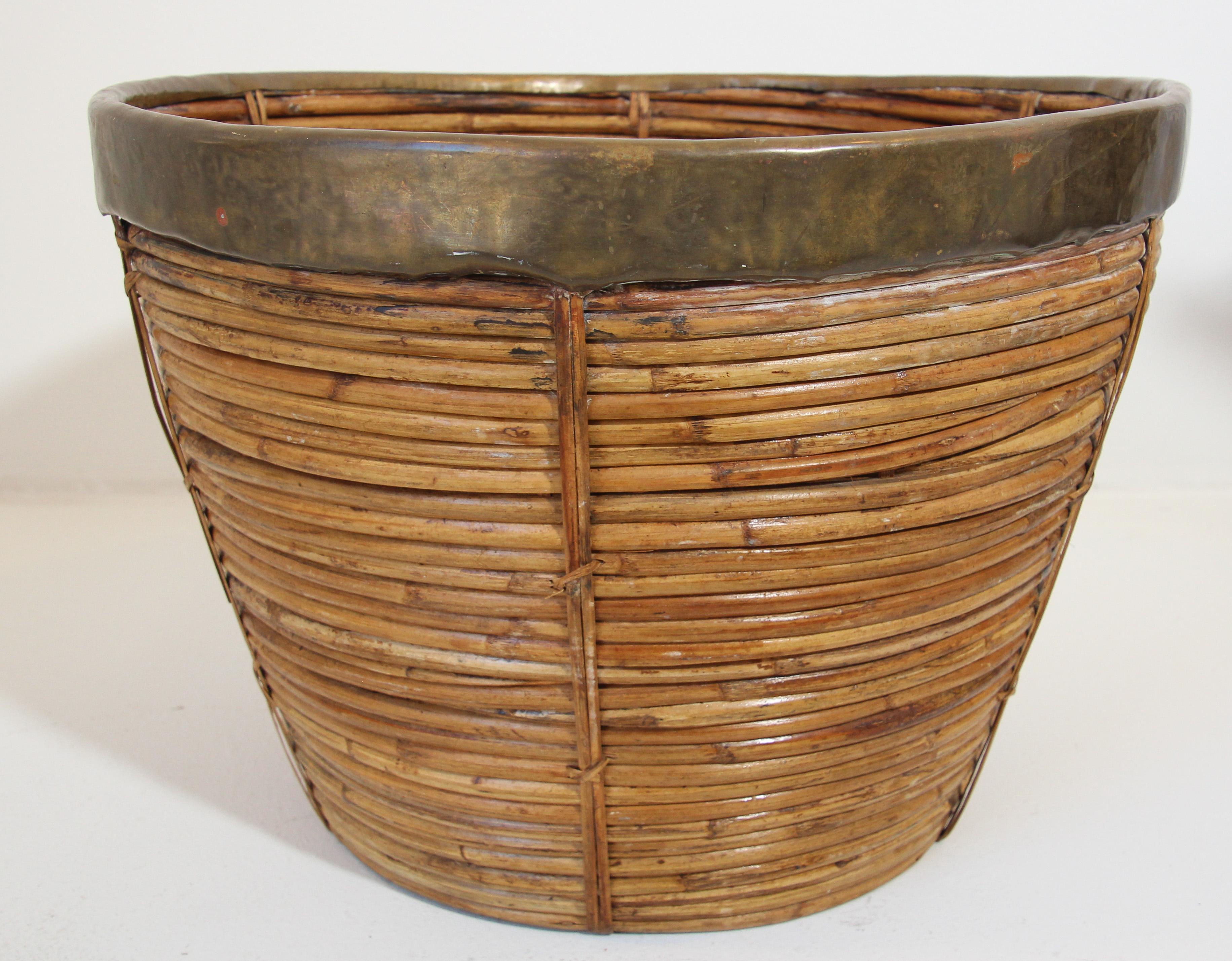 Large Brass and Rattan Bamboo Planter or Basket 3