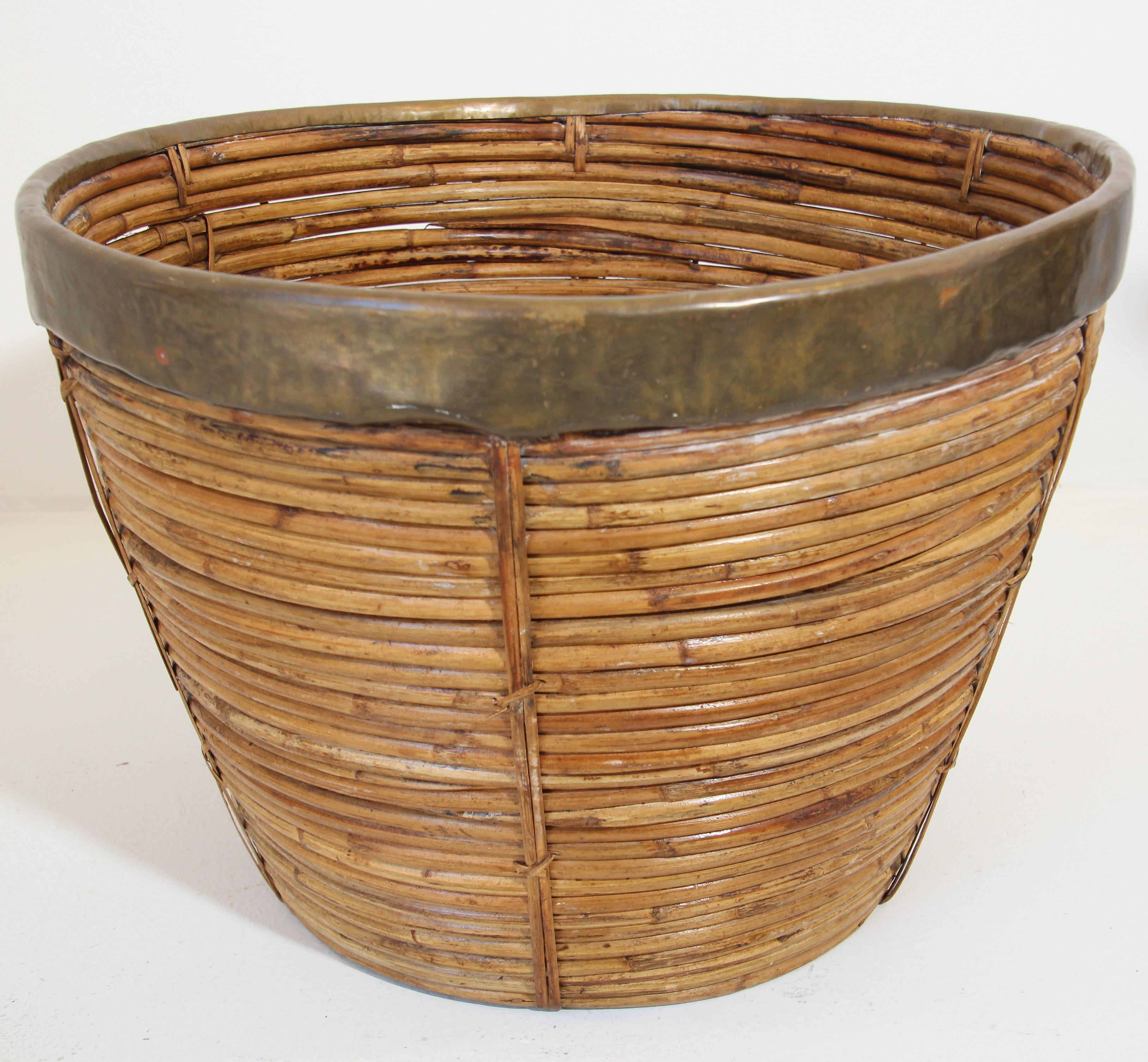 Large Brass and Rattan Bamboo Planter or Basket 4