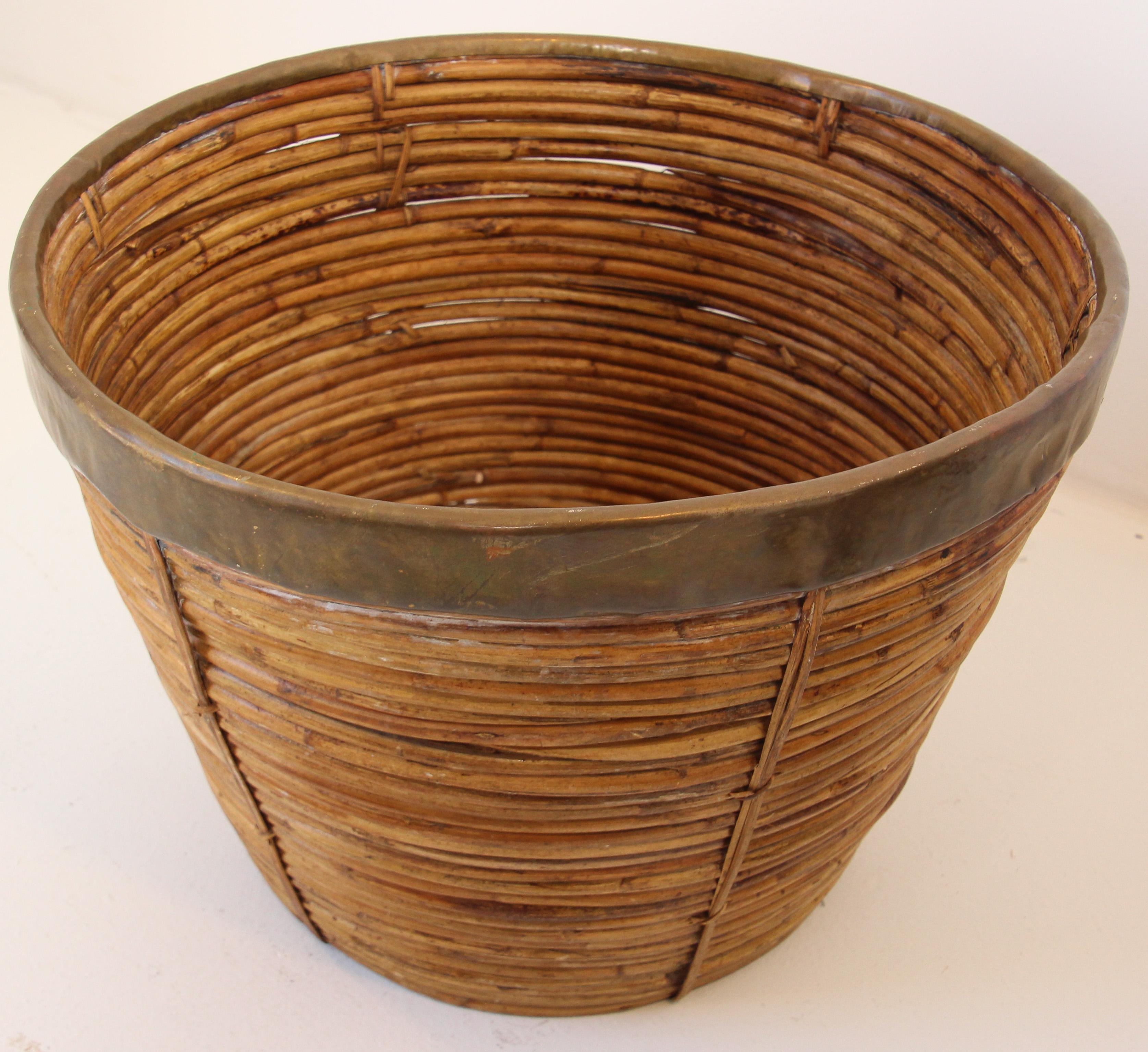 Large Brass and Rattan Bamboo Planter or Basket 5