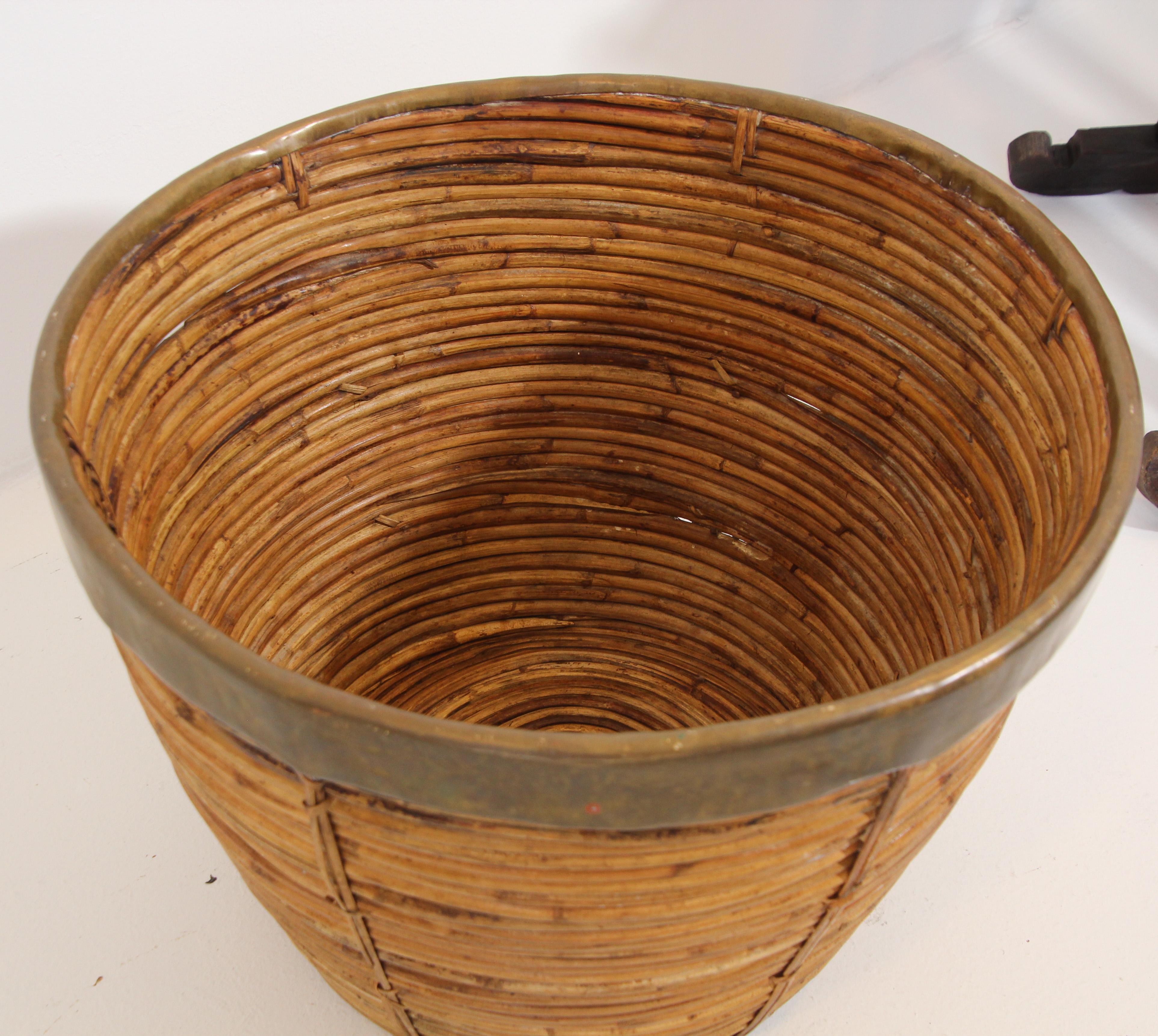 Large Brass and Rattan Bamboo Planter or Basket 6
