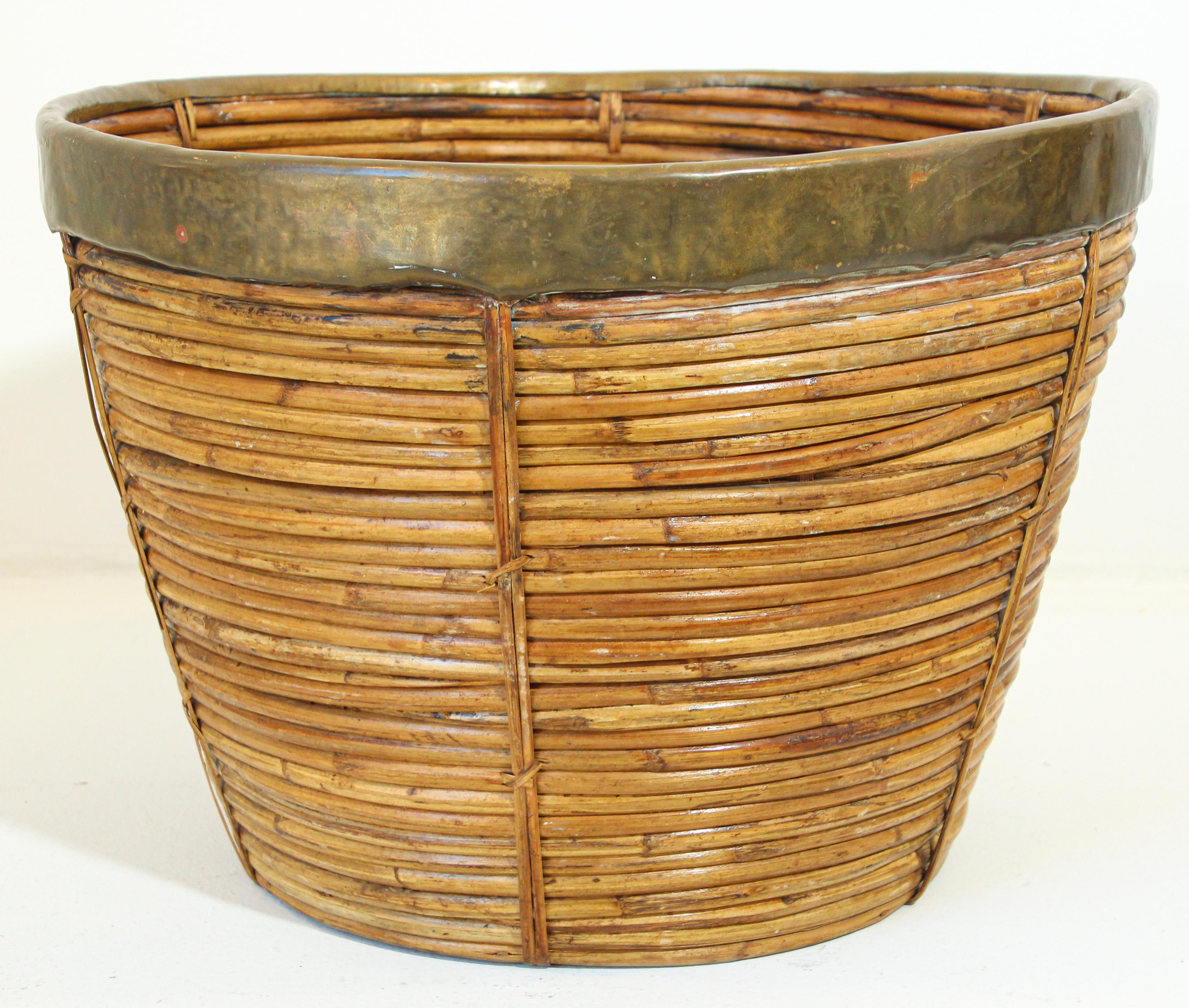 Large Brass and Rattan Bamboo Planter or Basket 8