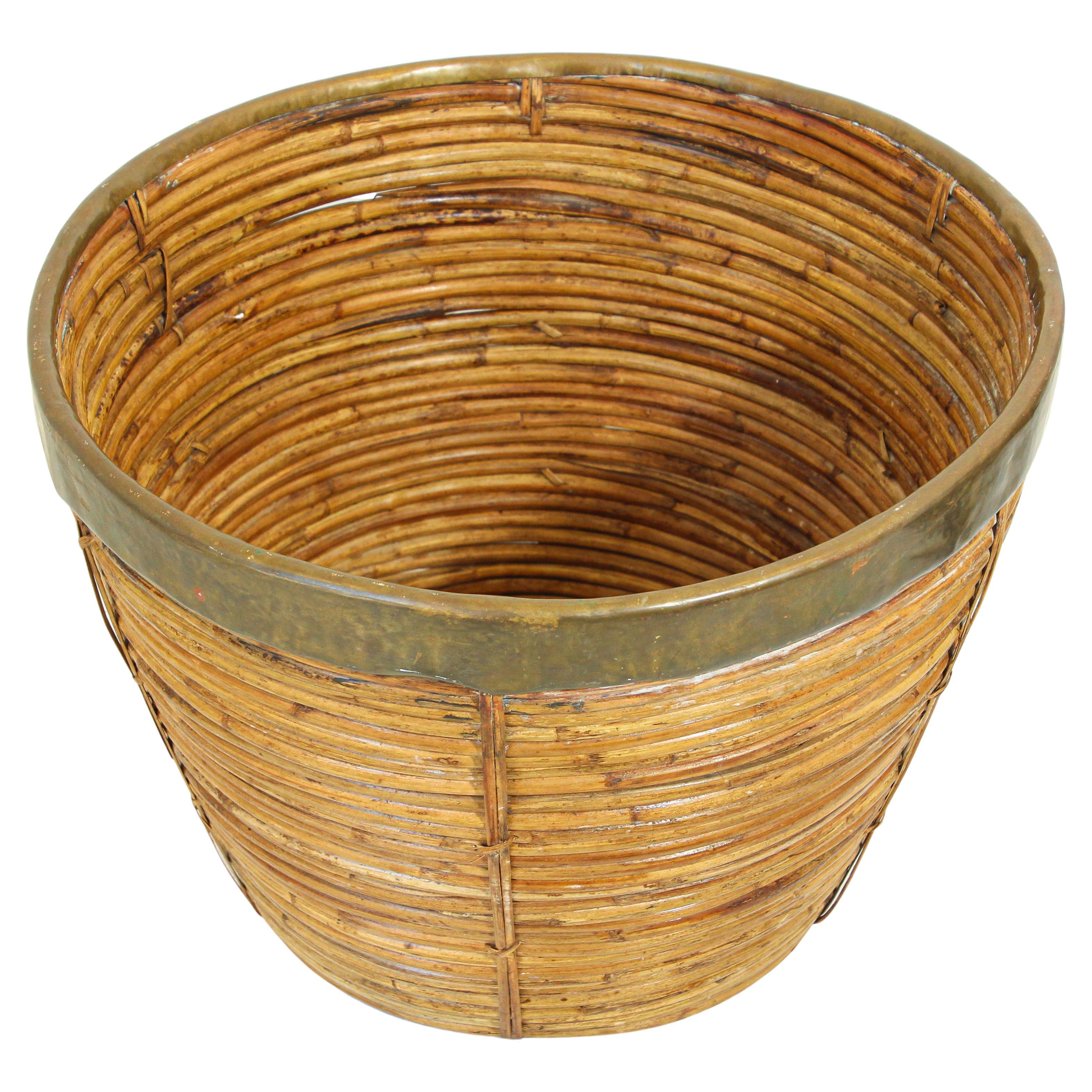 Large Brass and Rattan Bamboo Planter or Basket
